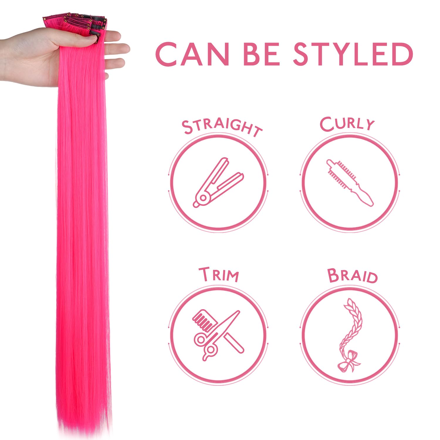 WENNALIFE 12 PCS Hot Pink Clip-in Hair Extensions for Kids - Synthetic Straight Rainbow Hair Highlights for Girls | Perfect for Parties, Cosplay & Colorful Hairstyles