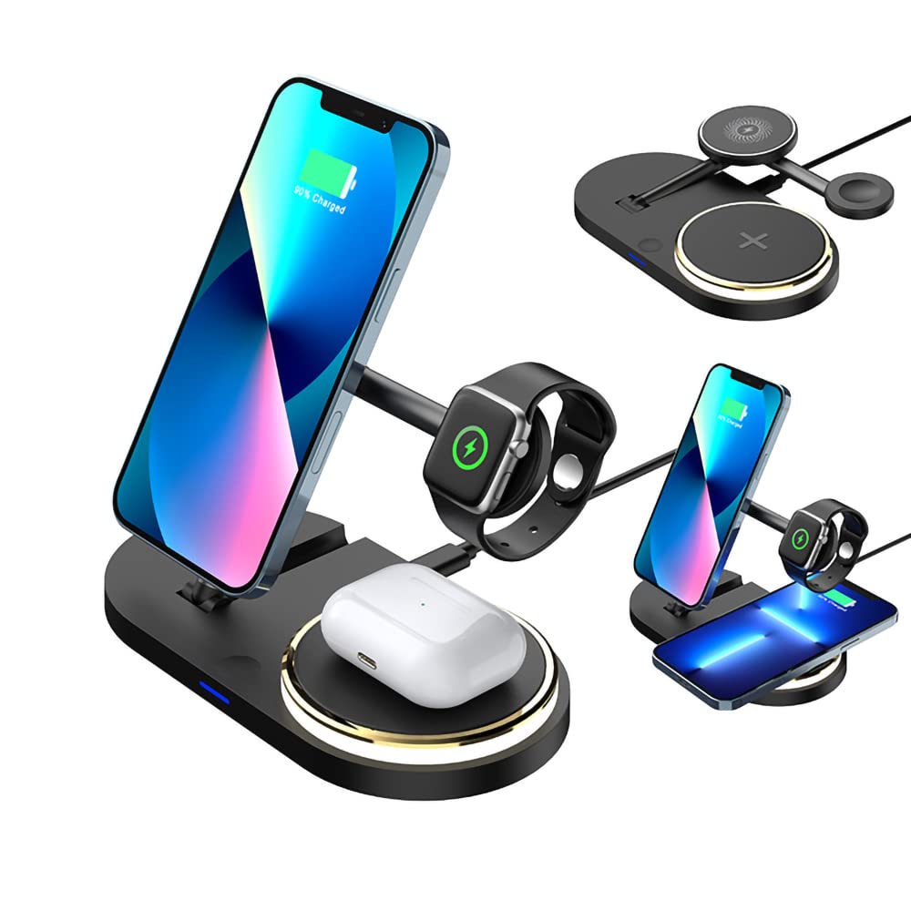 3 in 1 Wireless Charging Station for iPhone 14/13/12/11/Pro/Max, Apple Watch & AirPods - Fast Qi-Certified Charger Stand for Multiple Devices (Black) | Perfect for Bedside, Office Desk & Travel Accessories