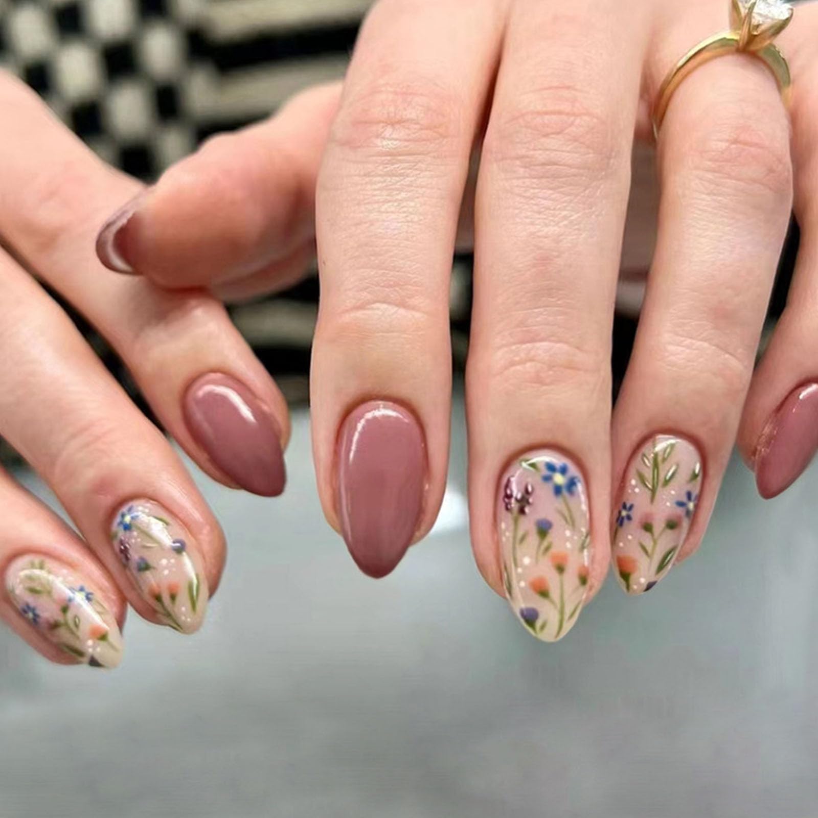 30 Pcs Almond Floral Press On Nails - Fall Acrylic Fake Nails with Cute Flower Designs, Full Cover Glossy Stick On Nails for Women & Girls | Perfect for Parties, Weddings, and Everyday Glam