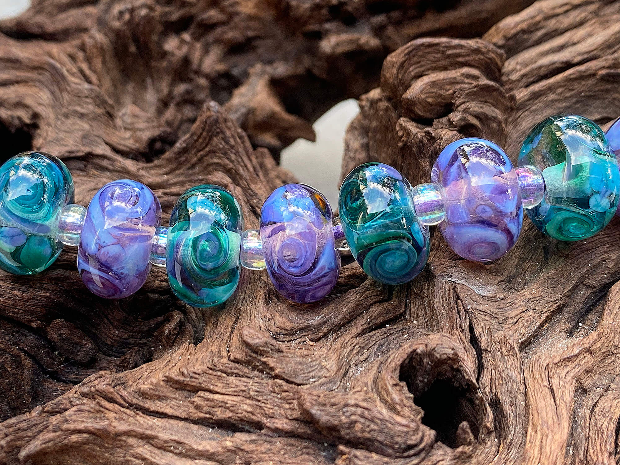 11 Purple & Teal Green Swirl Lampwork Glass Beads Set - Handmade SRA Beads for Jewelry Making, DIY Crafts, Bracelets & Necklaces