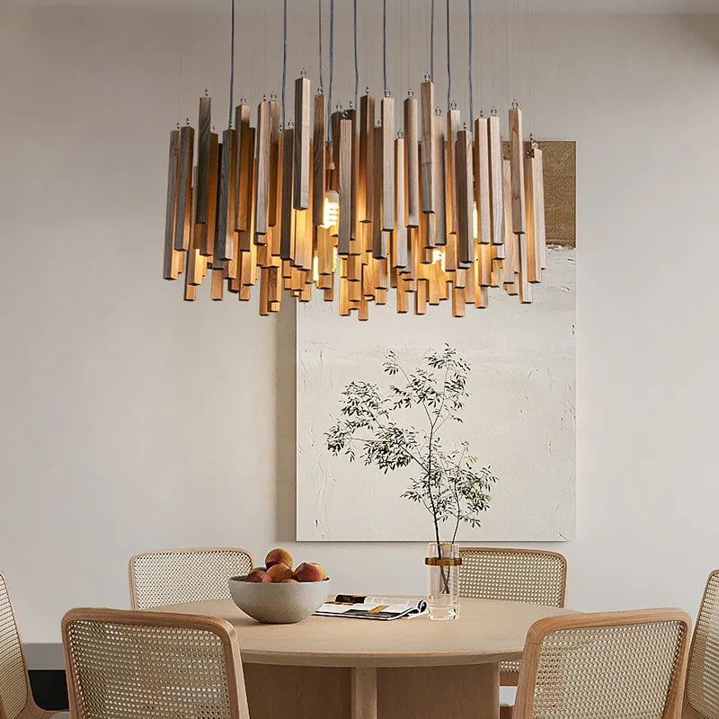Solid Oak Wood Hanging Chandelier - Rustic Farmhouse Ceiling Light Fixture for Dining Room, Kitchen Island & Bedroom Decor