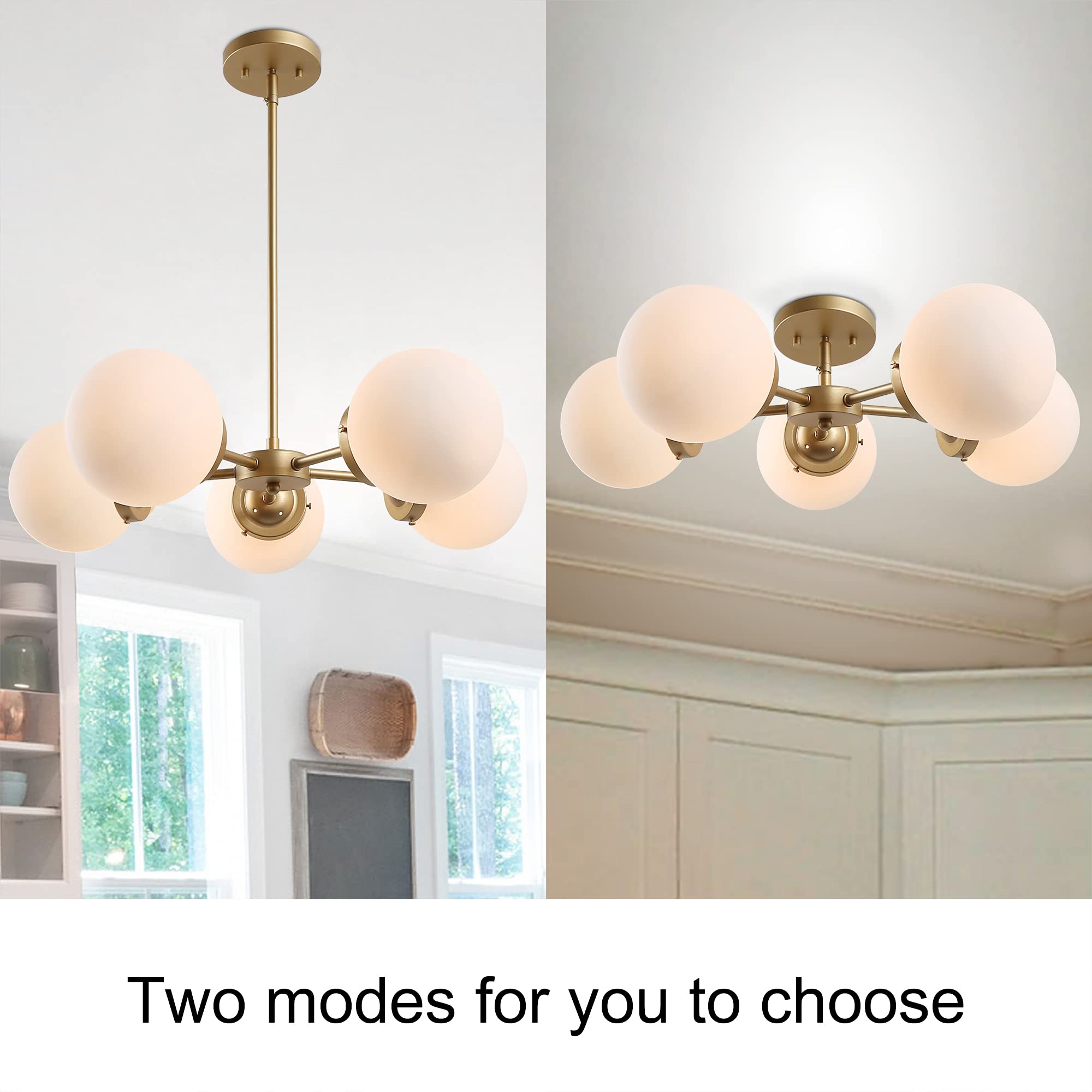 Modern Gold Chandelier Lighting Fixture - 5-Light Globe Design with Frosted Glass Shades for Dining Room, Bedroom, Foyer & Kitchen | Elegant Ceiling Light for Home Decor & Interior Design