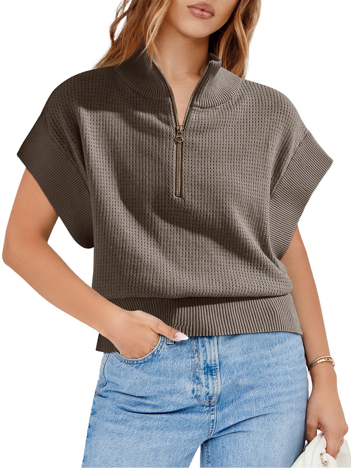 Langwyqu Women's Cropped Knit Top - Half Zip Lightweight Oversized Sweater Vest for Women | Casual Summer Tops for Streetwear, Layering & Everyday Outfits