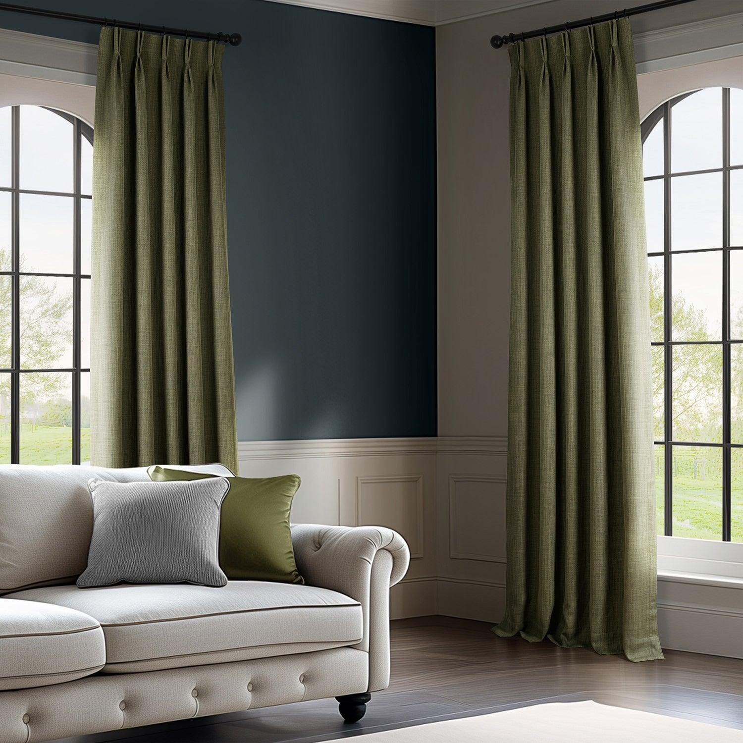 Khaki Green French Pleat Textured Faux Linen Blackout Curtains for Bedroom & Living Room - Light Blocking Window Drapes for Better Sleep & Privacy