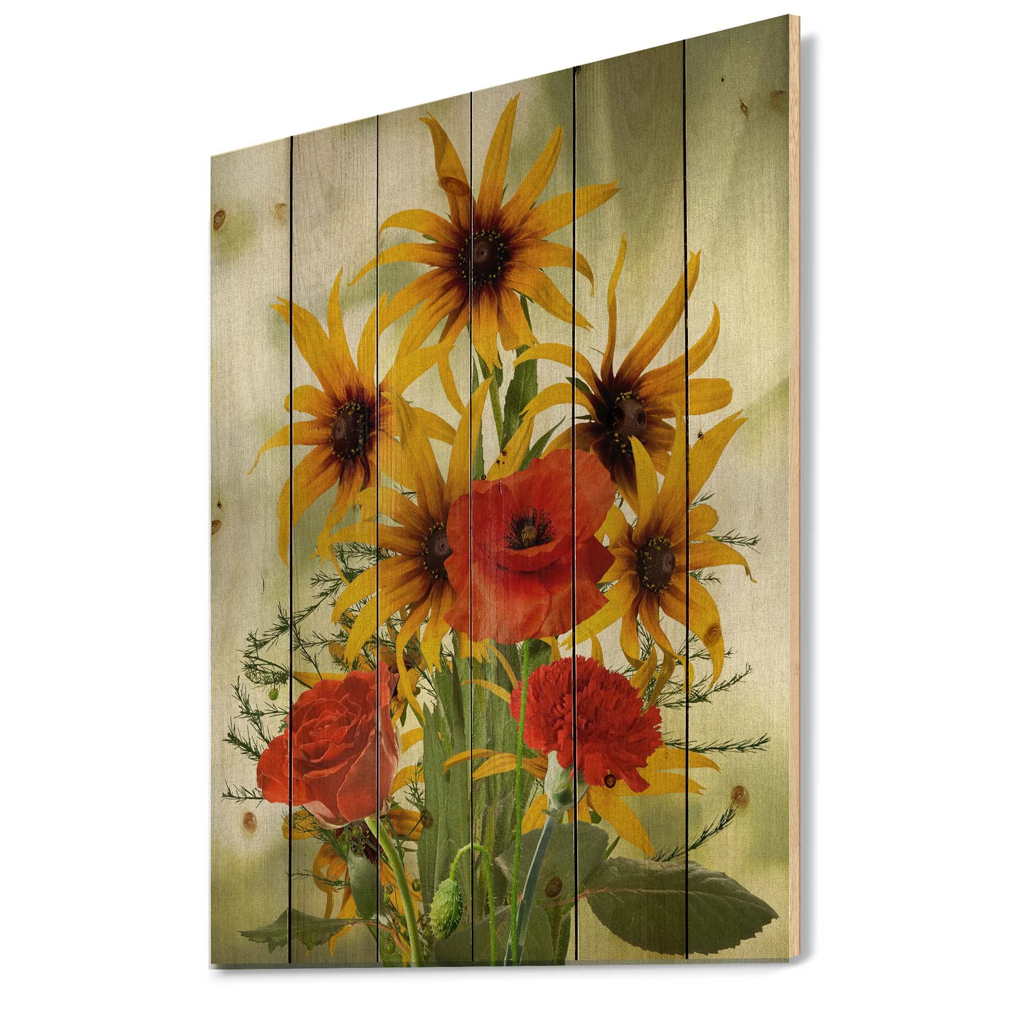 DesignQ Sunflowers and Poppies Wild Floral Wood Wall Art - Traditional Red Pine Wood Wall Decor with Large Printed Floral Panels - Perfect for Living Room, Bedroom, and Farmhouse Interior Decor