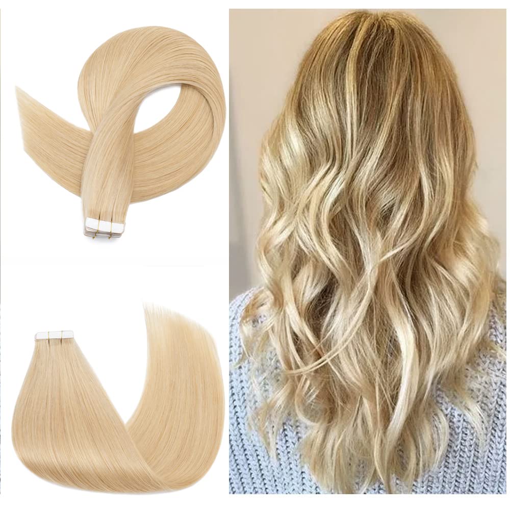100% Remy Human Hair Tape in Extensions 18 Inch 40pcs 100g - Seamless Straight Double Sided Tape in Hair Extensions Natural Blonde Balayage (#24) for Daily Wear, Parties & Special Occasions