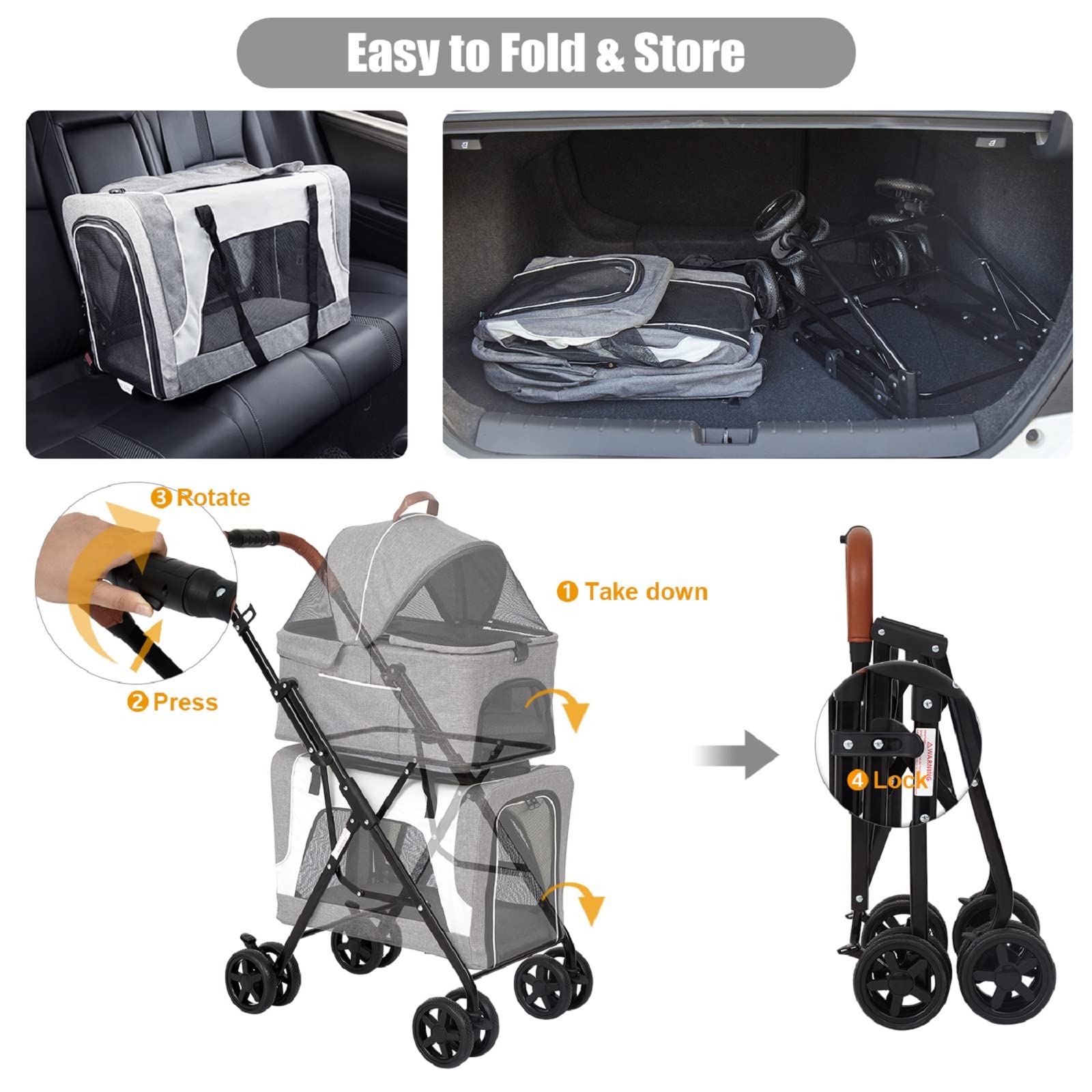 Premium 2-in-1 Pet Stroller for Small Dogs & Cats - Double Pet Carrier with Detachable Jogging Wheels, Safety Belt & Storage Pockets | Perfect for Outdoor Walks, Jogging, Vet Visits & Shopping Trips (Grey)