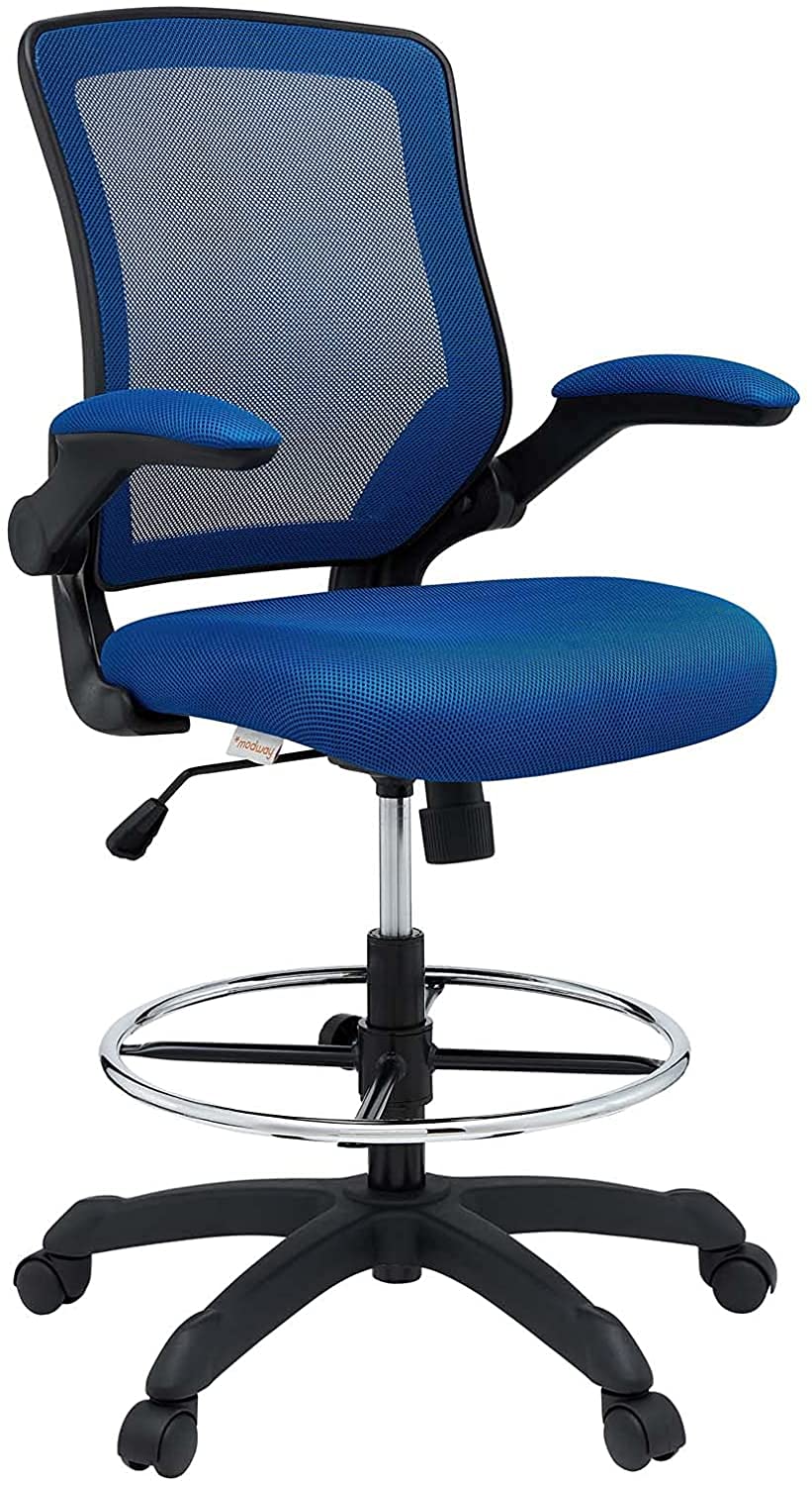 Modway Veer Drafting Chair with Flip-Up Arms - Adjustable Height Office Chair for Reception Desk, Home Office & Studio - Ergonomic Blue Task Chair for Architects, Artists & Professionals