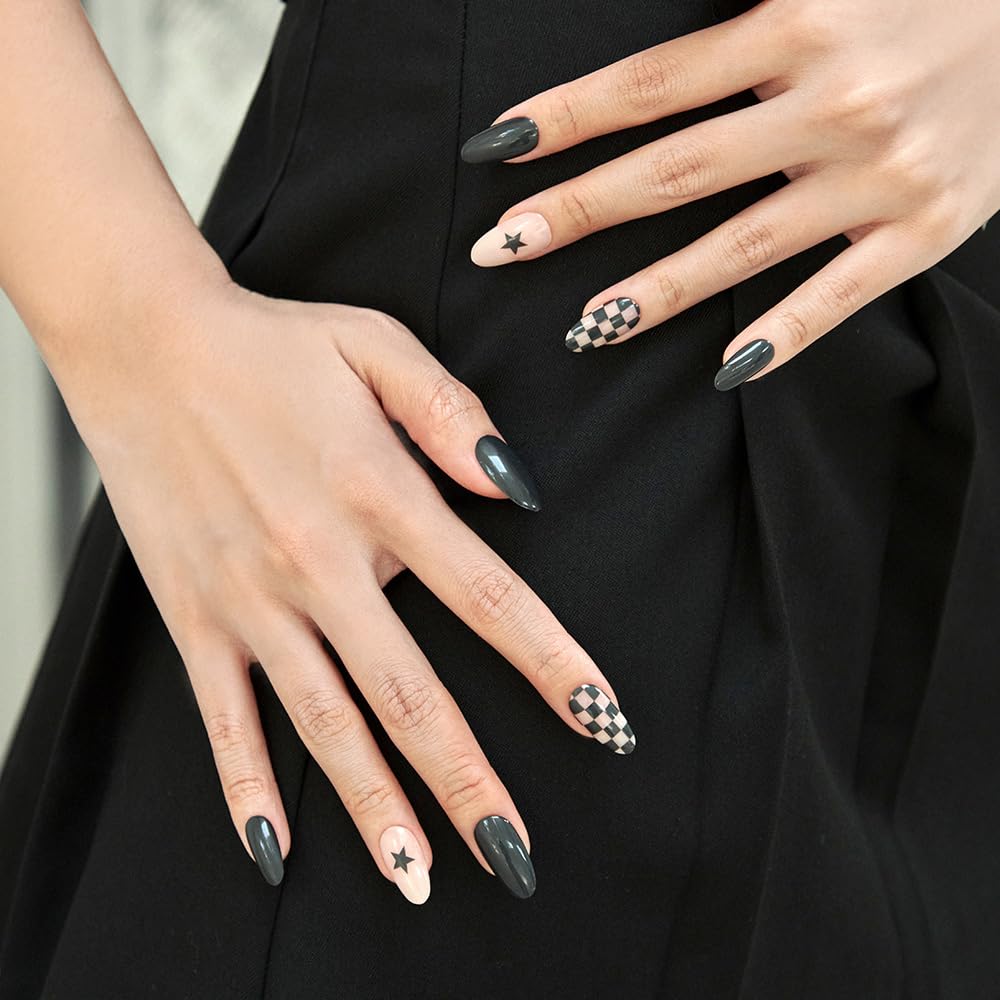 MUZMAK 36Pcs Reusable Press on Nails Long - Halloween Almond Shaped Fake Nails with Cute Gel Designs (Draw Night) | Perfect for Parties, Cosplay & Special Occasions
