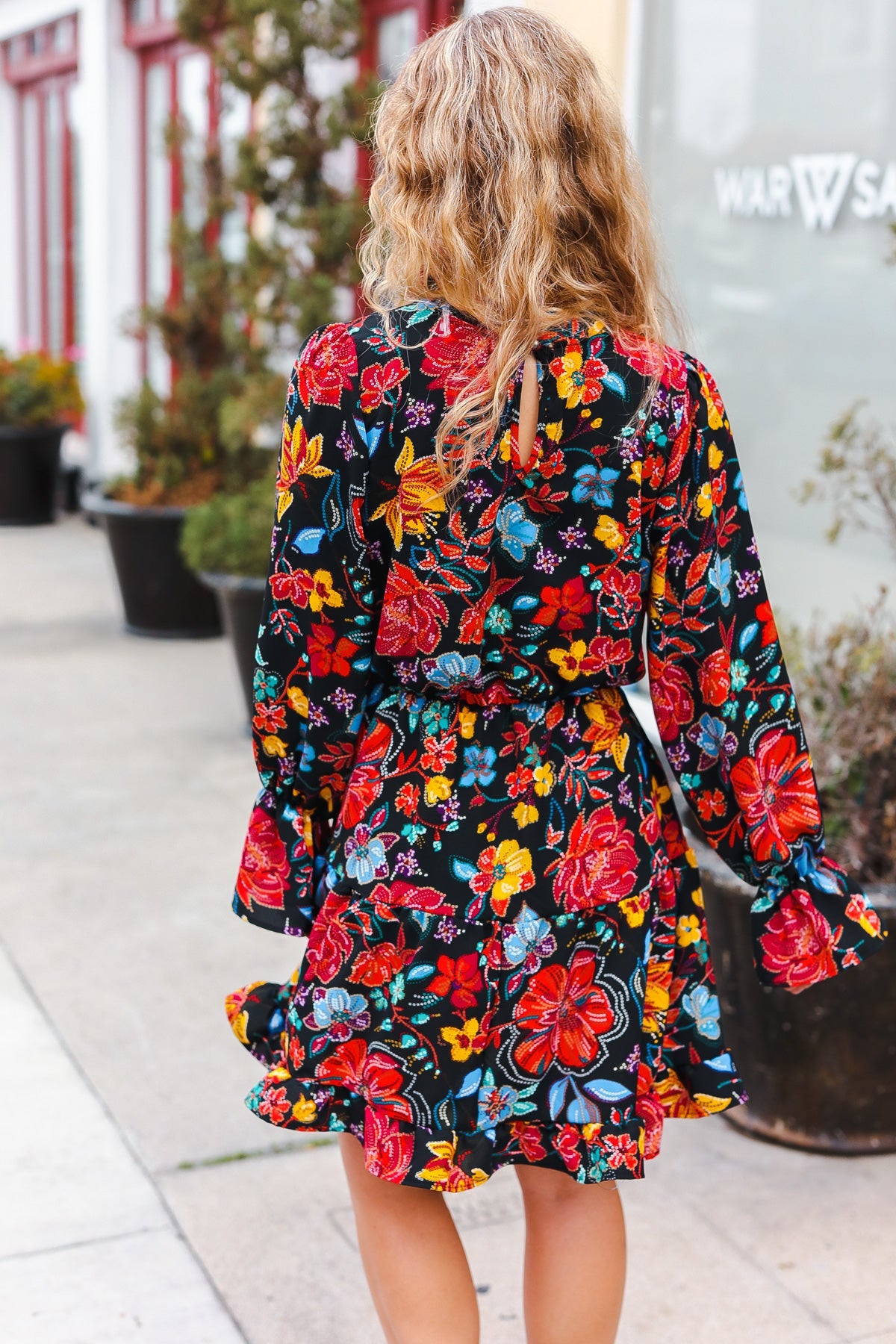 Elegant Black Floral Sequin Print Ruffle Sleeve Mock Neck Dress for Women - Perfect for Cocktail Parties, Date Nights & Special Occasions