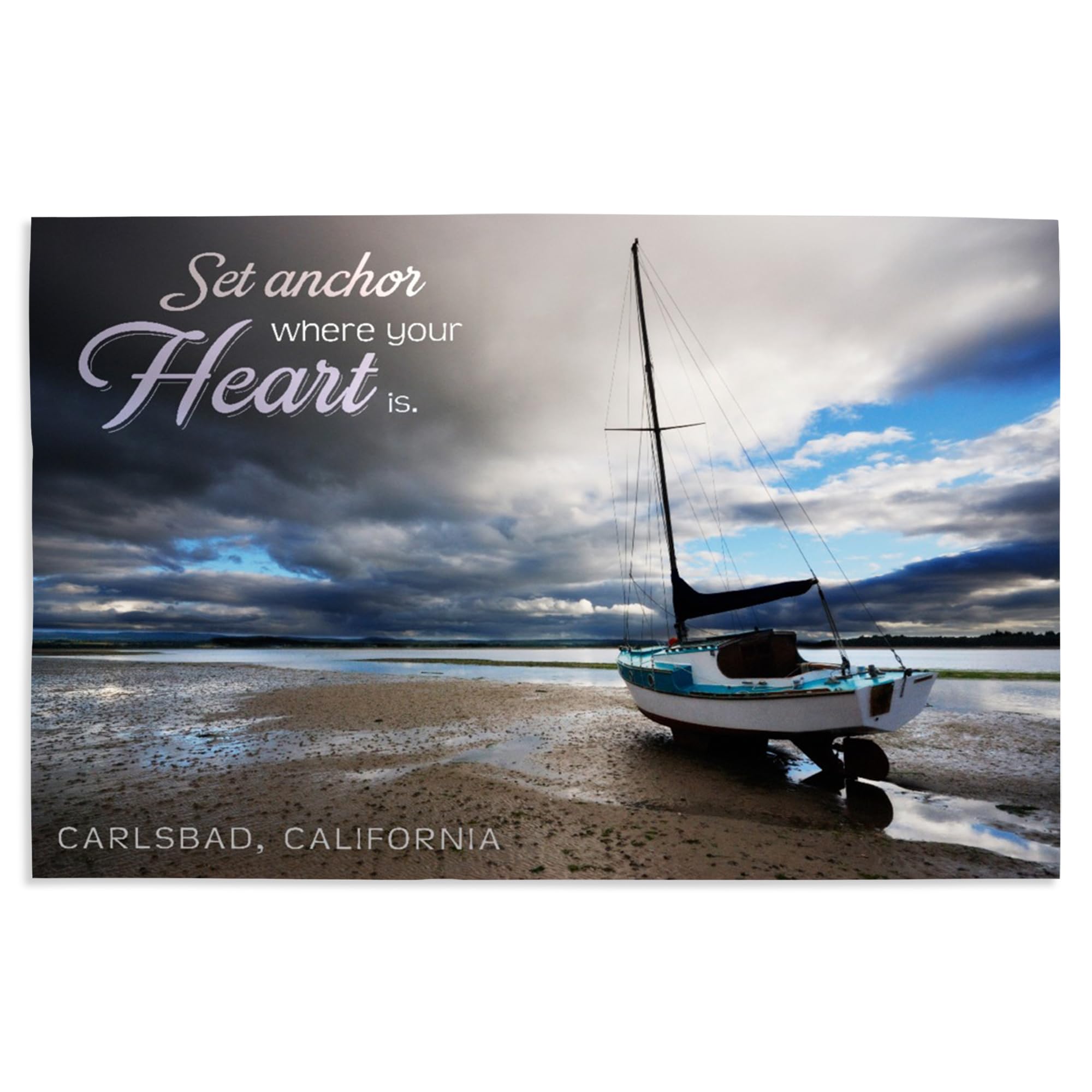 Lantern Press 16x24 Inch Giclee Art Print - Carlsbad California Coastal Wall Decor - 'Set Anchor Where Your Heart Is' Beached Sailboat Painting - Perfect for Beach House, Living Room & Office Decor