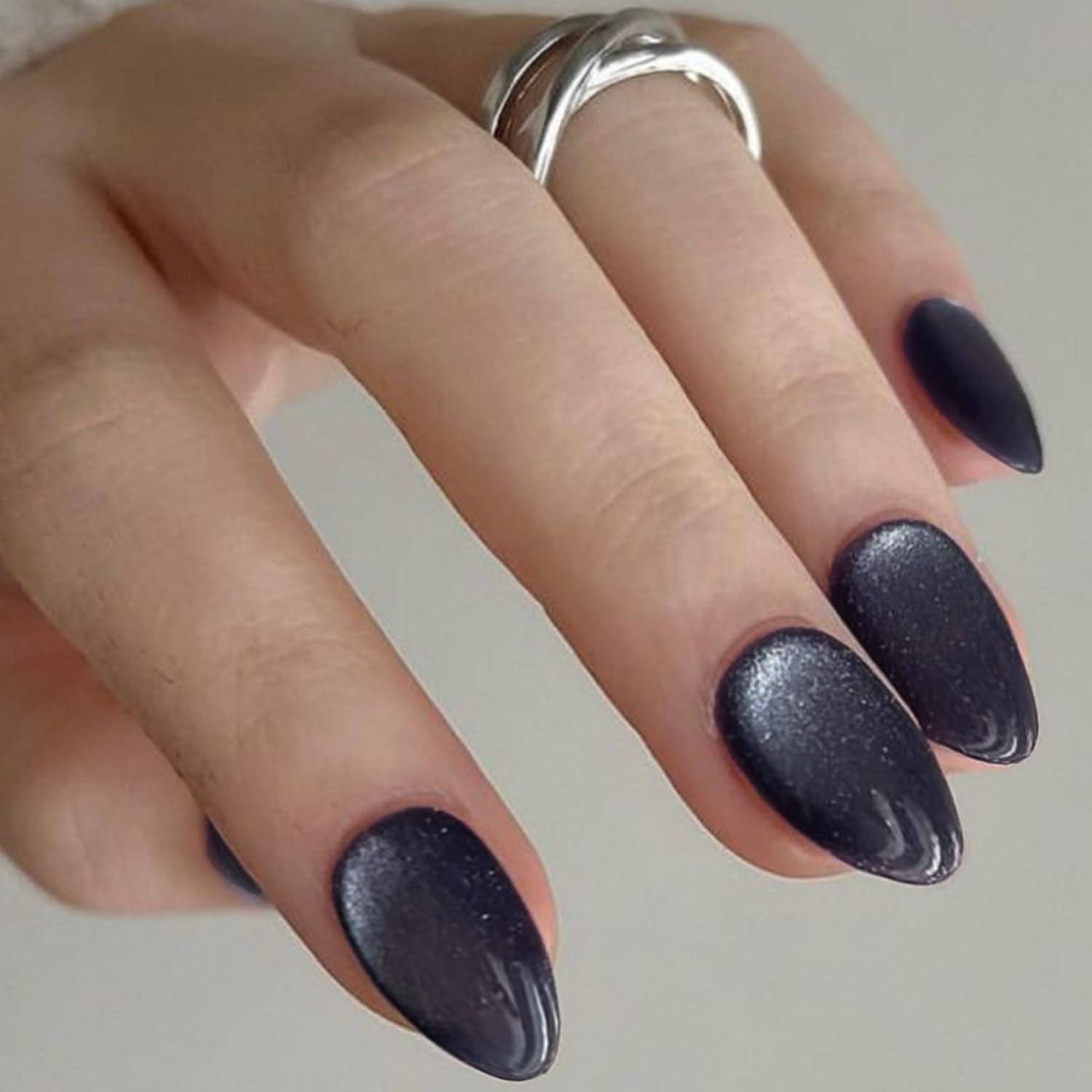GLAMERMAID Black Aurora Magnetic Cat Eye Press-On Nails - Short Almond Shape Handmade Gel Fake Nails with Dark Ombre Crush Design, Glue-On Oval False Nails Set for Women | Glossy Glitter Stiletto Nails for Parties, Weddings & Special Occasions