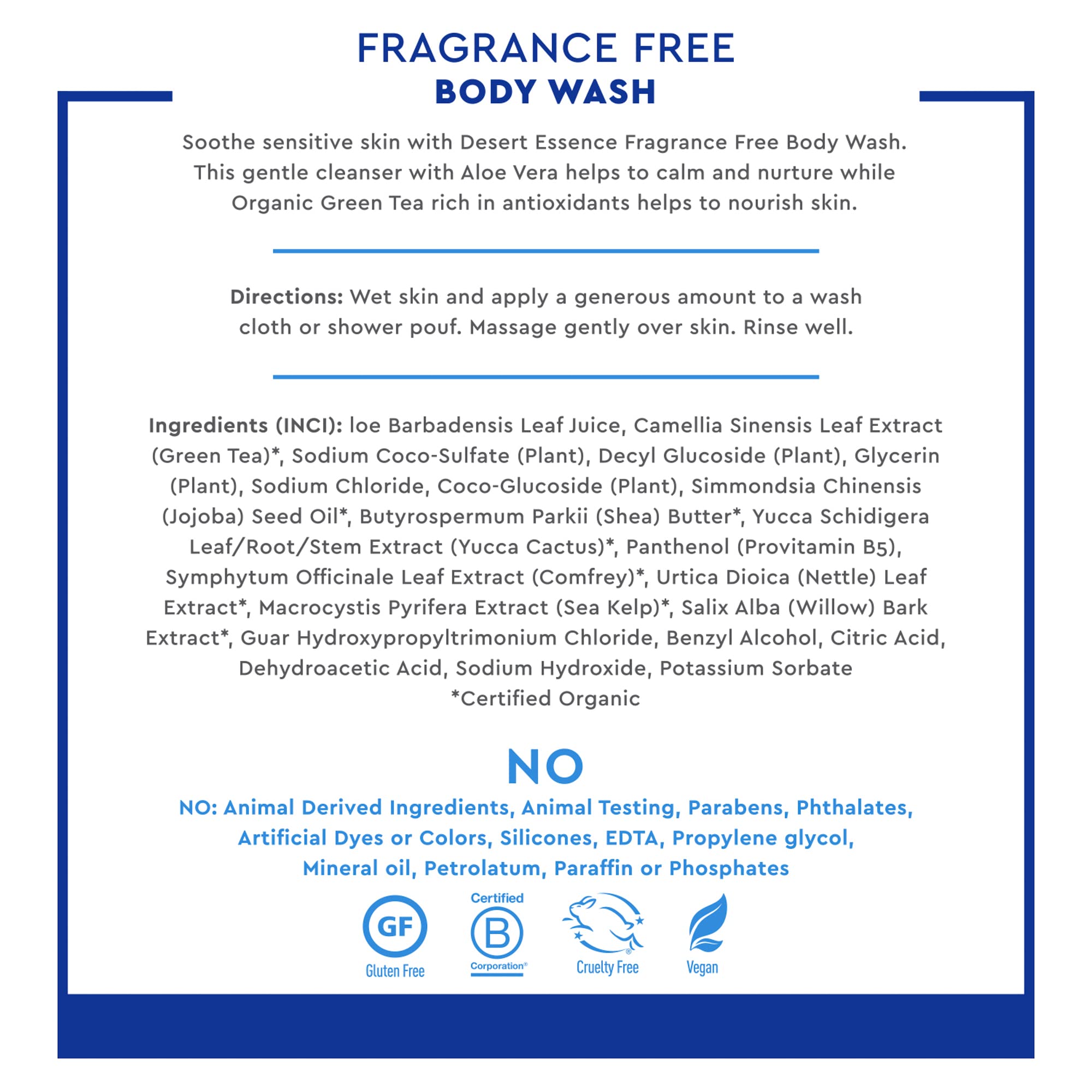 Desert Essence Fragrance Free Body Wash for Sensitive Skin - Organic Aloe, Green Tea & Jojoba Oil - Vegan, Gluten-Free, Cruelty-Free Plant-Based Cleanser with Antioxidants - 8oz - Perfect for Dry, Irritated Skin & Daily Gentle Cleansing