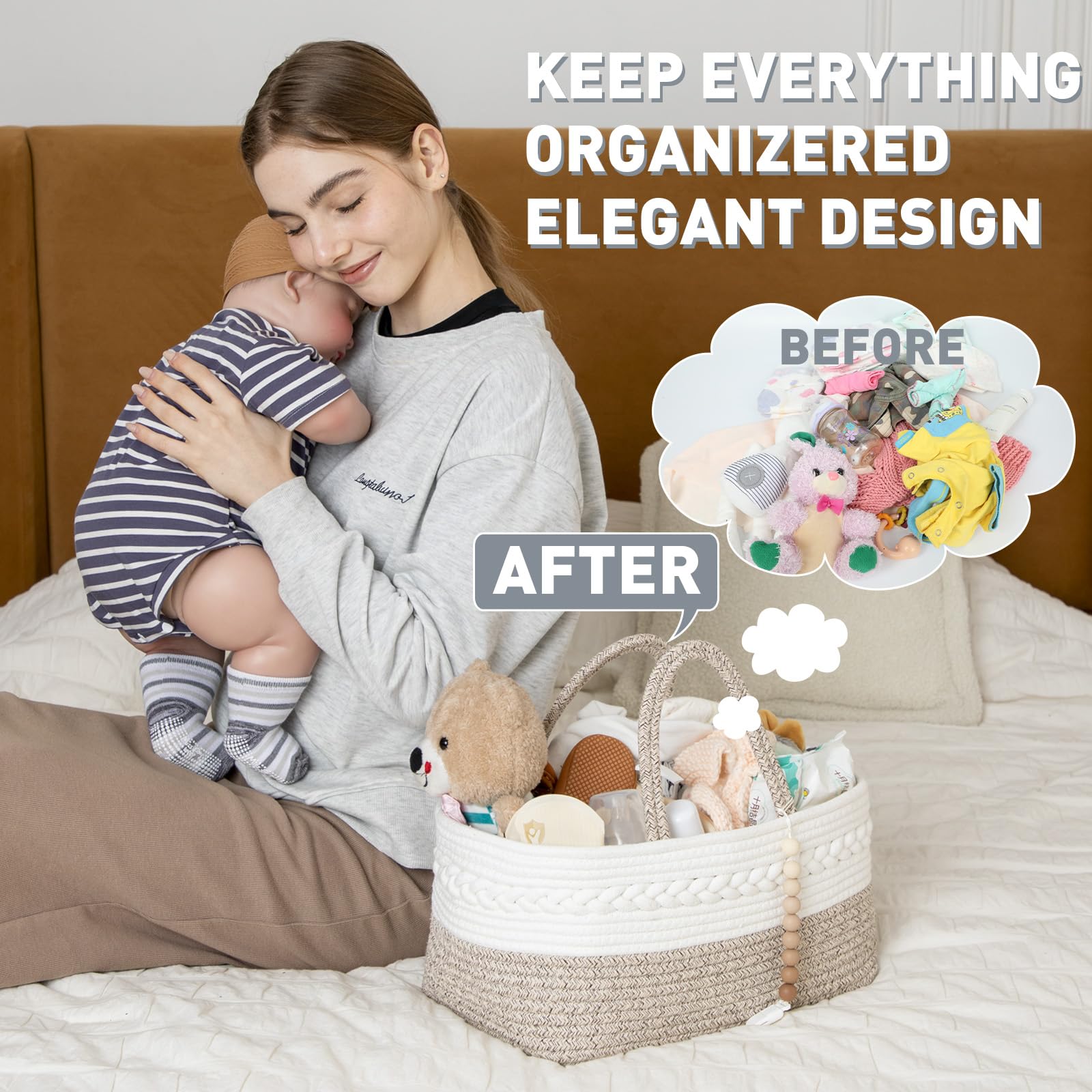 Miss Fong Portable Diaper Caddy Organizer with Removable Dividers - Travel Baby Changing Station for Newborns & Car Essentials Storage (Natural) | Perfect for Nursery, On-the-Go Parents & Road Trips