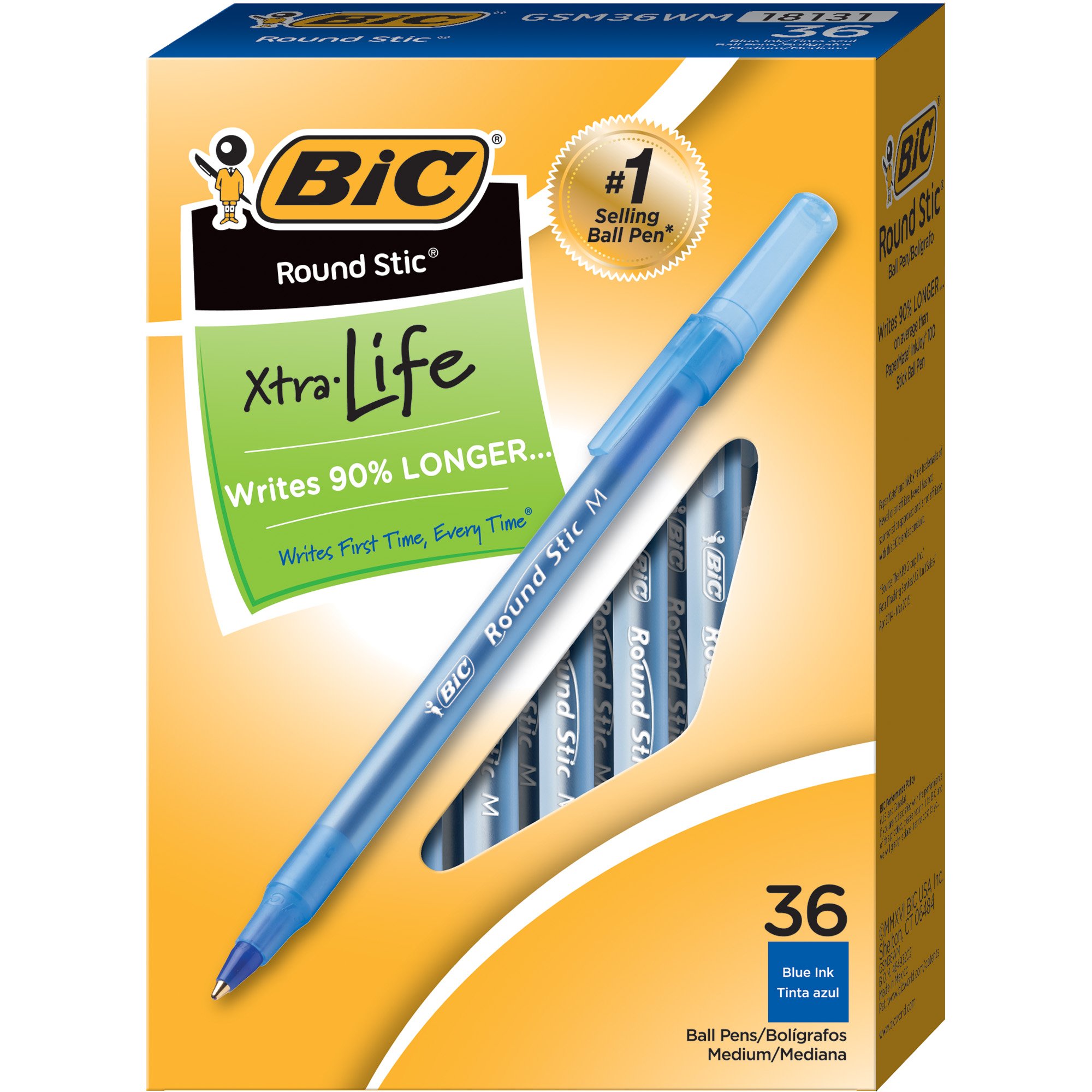 BIC Round Stic Xtra Life Blue Ballpoint Pens, Medium Point (1.0mm), 36-Pack Bulk Pens - Comfortable Flexible Barrel for Smooth Writing - #1 Best Selling Ballpoint Pens for Office, School & Home Use