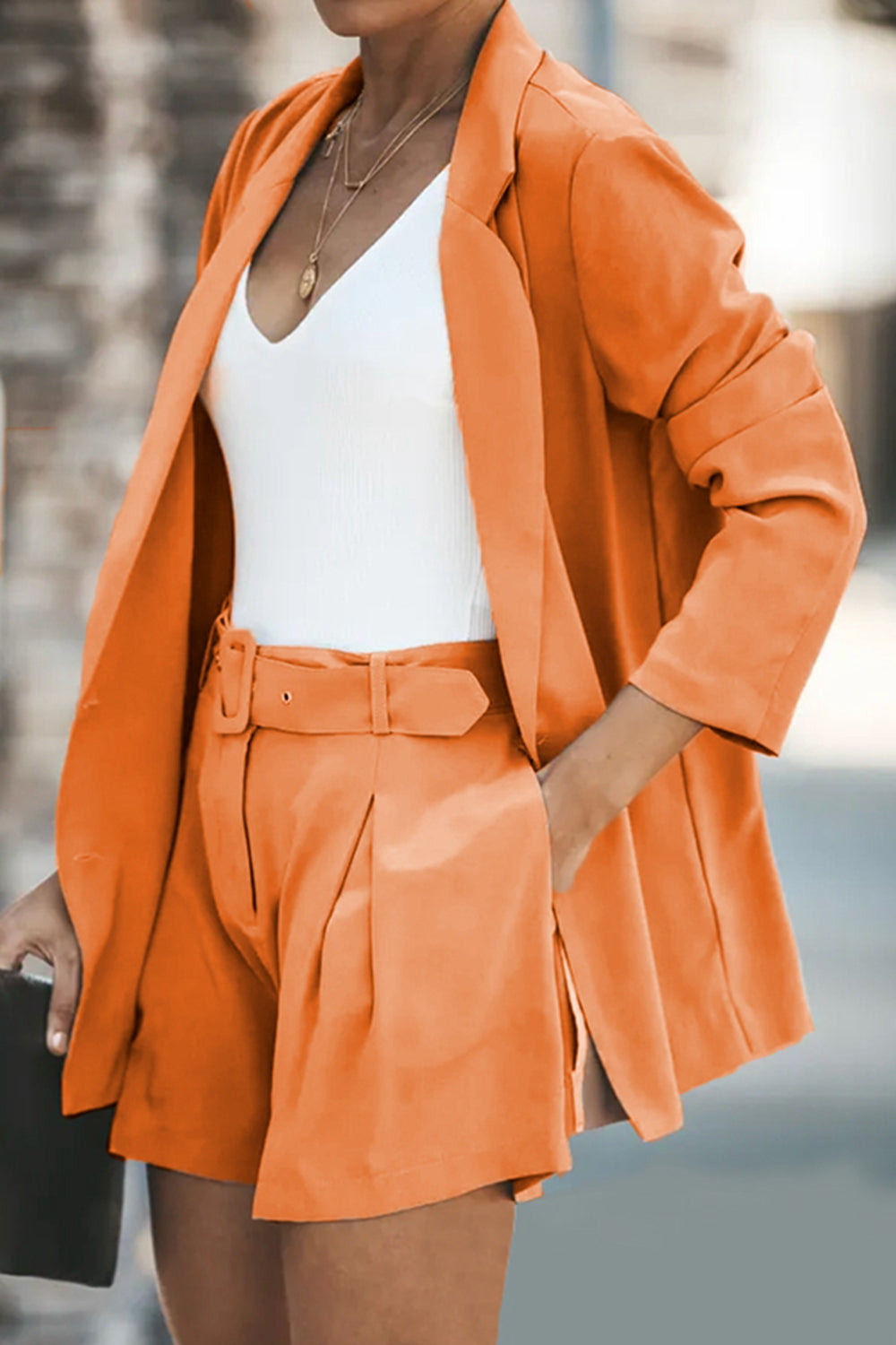Stylish Longline Resort Blazer and Shorts Set with Pockets for Women - Perfect for Beach Vacations, Summer Weddings & Resort Wear