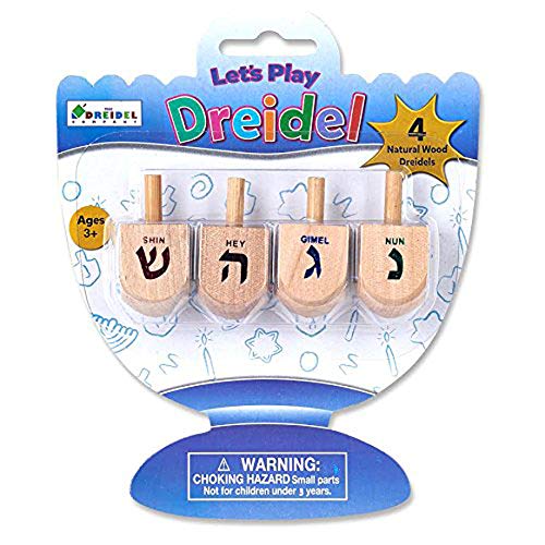 Natural Wooden Dreidels Set of 4 with Instructions - Traditional Hanukkah Game for Family Fun, Jewish Holiday Gift & Chanukah Celebration Activity