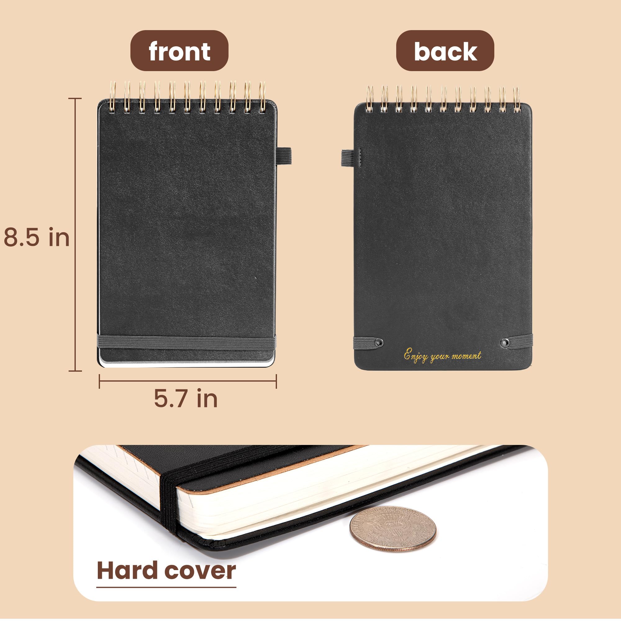 Premium Spiral Notebook Leather Steno Pad - 240 Pages 5x7 Top Bound Notepad with 100 GSM Thick Paper for Office, College & School | Left-Handed Friendly | Black Cover | Ideal for Meetings, Note-Taking & Journaling