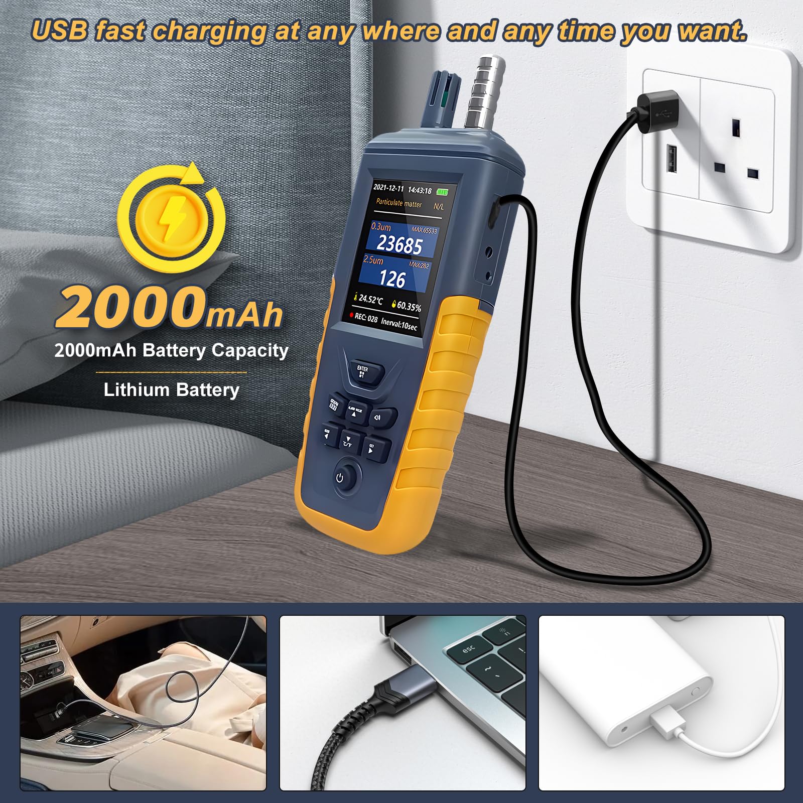 **Air Quality Monitor - PM0.3/2.5/10μm Particle Counter with Temperature & Humidity Sensor | High Sensitivity 3-Channel (0-1000μg/m³) | USB Rechargeable | Ideal for Home, Office & Travel**