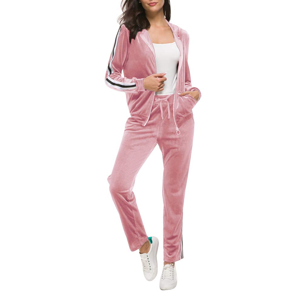 Fantasy Closet Women's 2-Piece Solid Velvet Tracksuit Set - Striped Full Zip Hoodie & Jogger Pants | Casual Outfit for Lounge, Gym & Streetwear Fashion