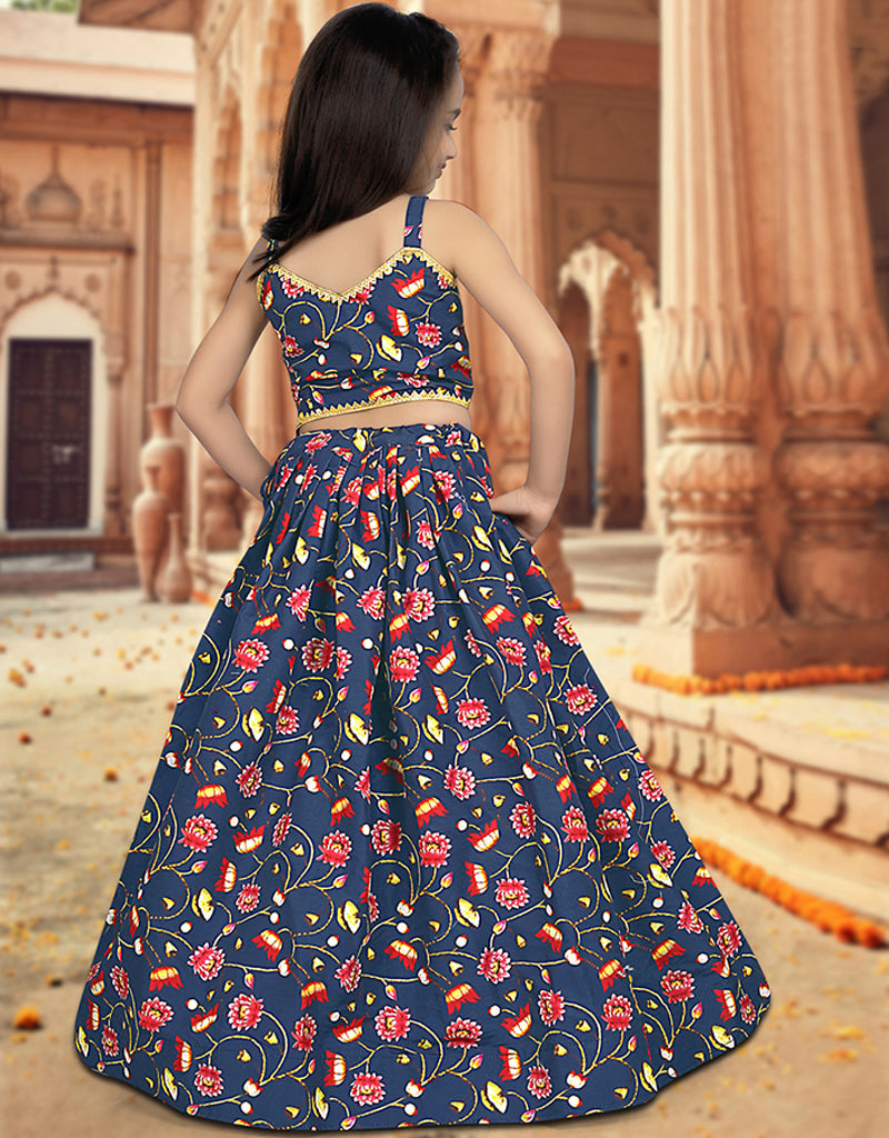 All-Season Designer Digital Print Silk Blue Kids Lehenga Choli - Soft Heavy Net Fabric for Festivals, Weddings & Special Occasions