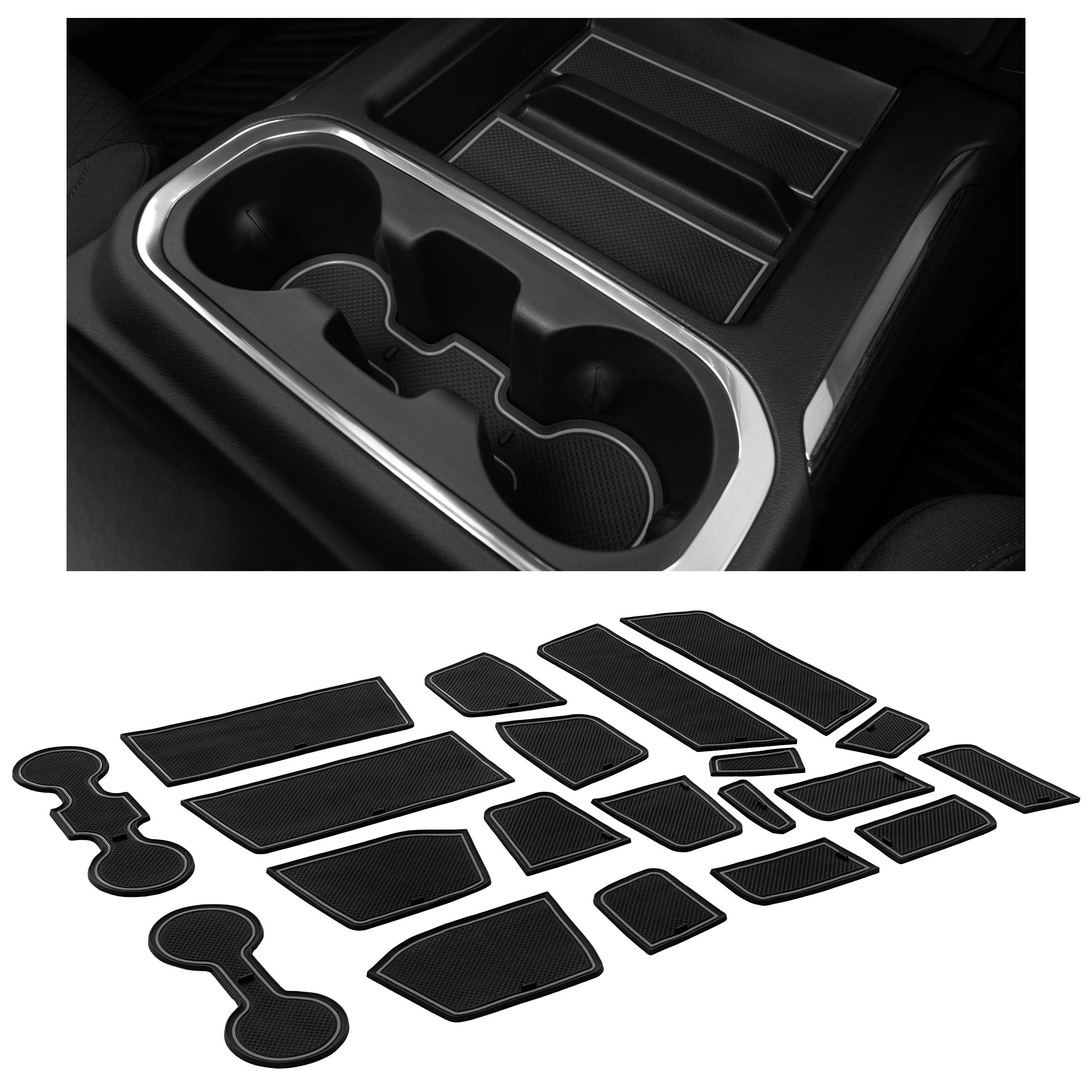 Chevy Silverado 1500 & GMC Sierra Cup Holder Inserts & Interior Accessories 2014-2022 - 24-Piece Set for Crew Cab with Bucket Seats (Gray) - Center Console Liners, Door Pocket Protectors - Perfect for Road Trips & Daily Commutes