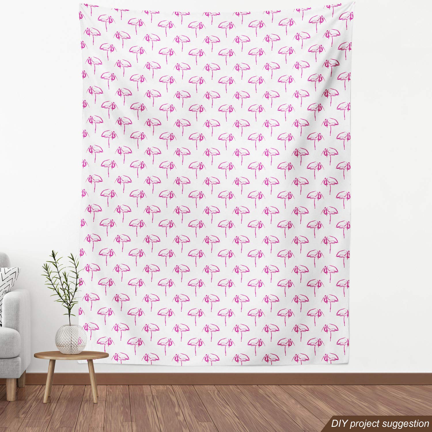Ambesonne Flamingo Fabric by The Yard - Hand Drawn Tropical Animal Print Upholstery Material, Hot Pink & White Sketch Design for Sofa, Curtains, Pillows - 10 Yards Decorative Home Accent Fabric for Coastal & Boho Decor
