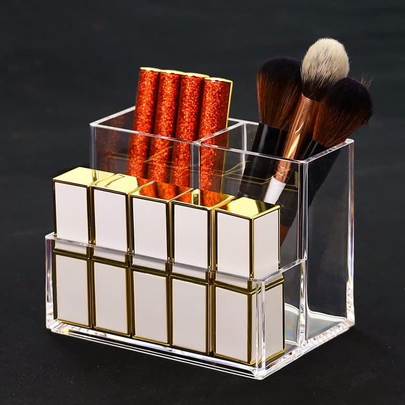Clear Acrylic Makeup Organizer - 3-Tier Cosmetic Storage Case with Brush Holder & Lipstick Dispenser | Bathroom Vanity Organizer (5.1