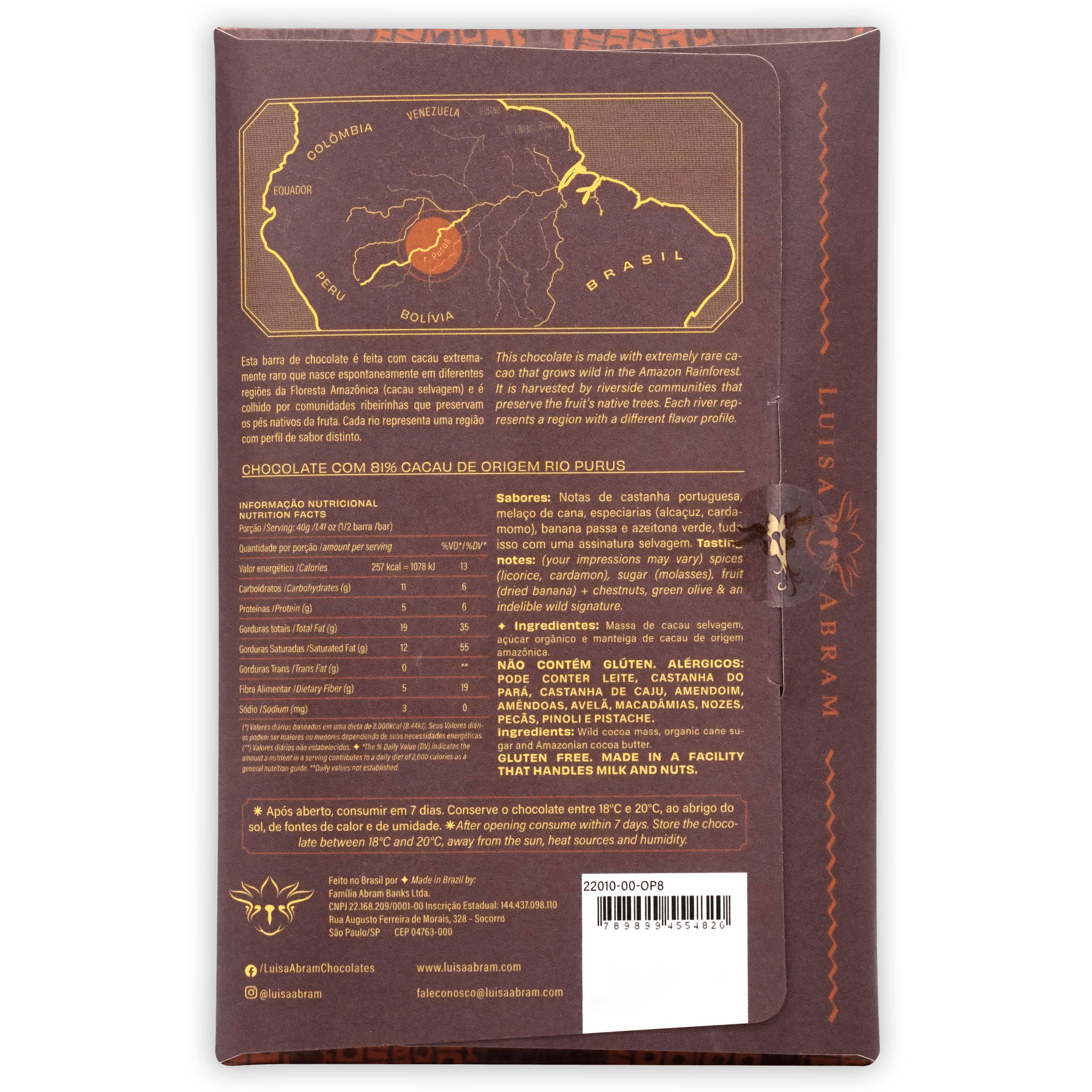 Luisa Abram Rio Purús Wild Cocoa 81% Dark Chocolate Bar - Premium Organic Single-Origin Vegan Chocolate for Baking, Gifting & Healthy Snacking