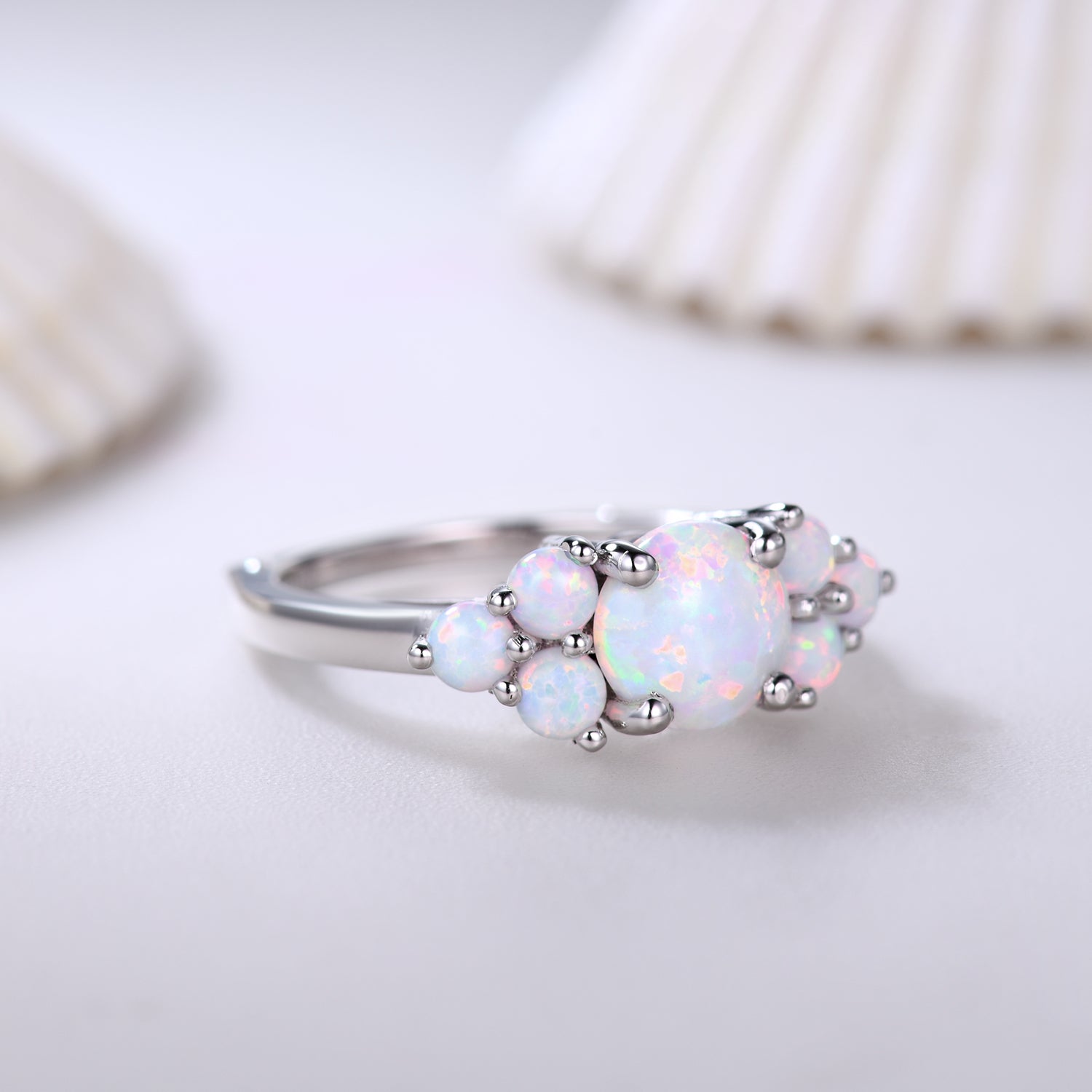 7mm Round White Opal Engagement Ring in 14K White Gold with Diamond Accents - Elegant Wedding Band, Promise Ring & Anniversary Gift for Her
