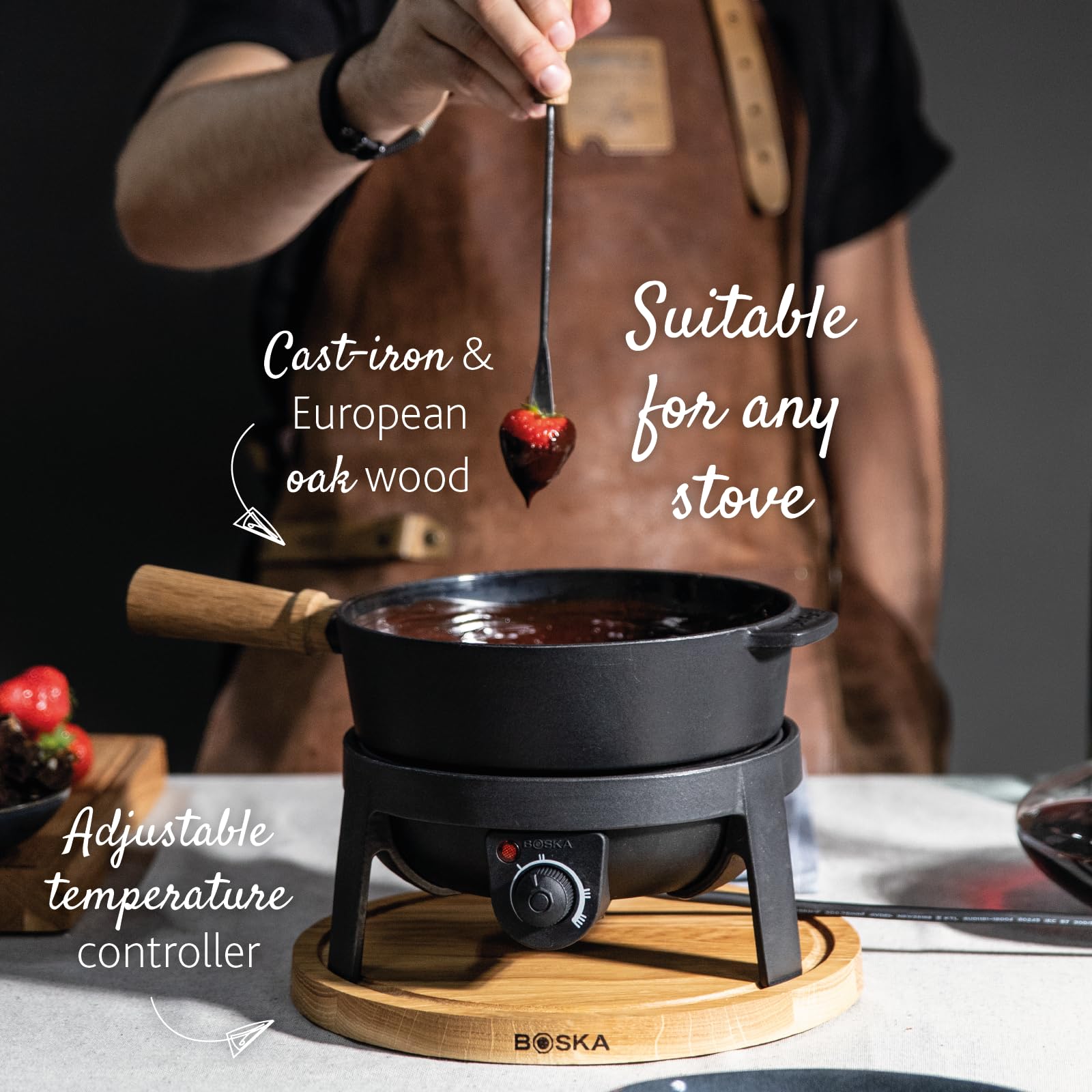 BOSKA Electric Fondue Set Pro - 8-Person Cast Iron Fondue Pot for Cheese, Chocolate & Broth - Premium Quality with Splash Guard & Extra-Long Cord - Perfect for Parties, Family Gatherings & Romantic Dinners (Black)