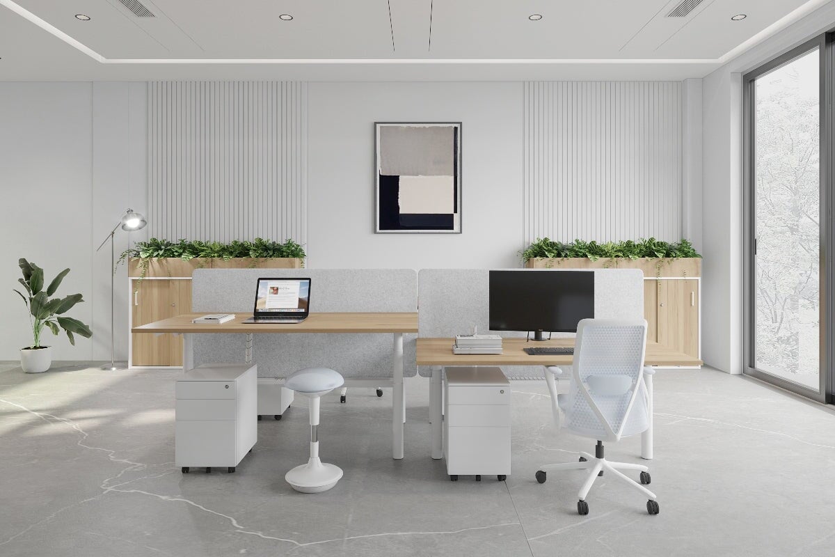 Flexi Premium Height Adjustable 4-Person H Bench Workstation - White Frame [1400L x 700W] - Ergonomic Office Desk for Collaborative Workspaces & Coworking Environments