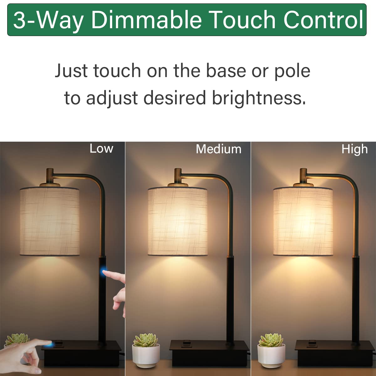 Mafeiyan Touch Control Table Lamp - 3-Way Dimmable Modern Bedside Lamp with USB Charging Port & AC Outlet, Fabric Shade Nightstand Lamp for Bedroom, Living Room, Office | Perfect for Reading, Working & Night Light (Bulb Included)