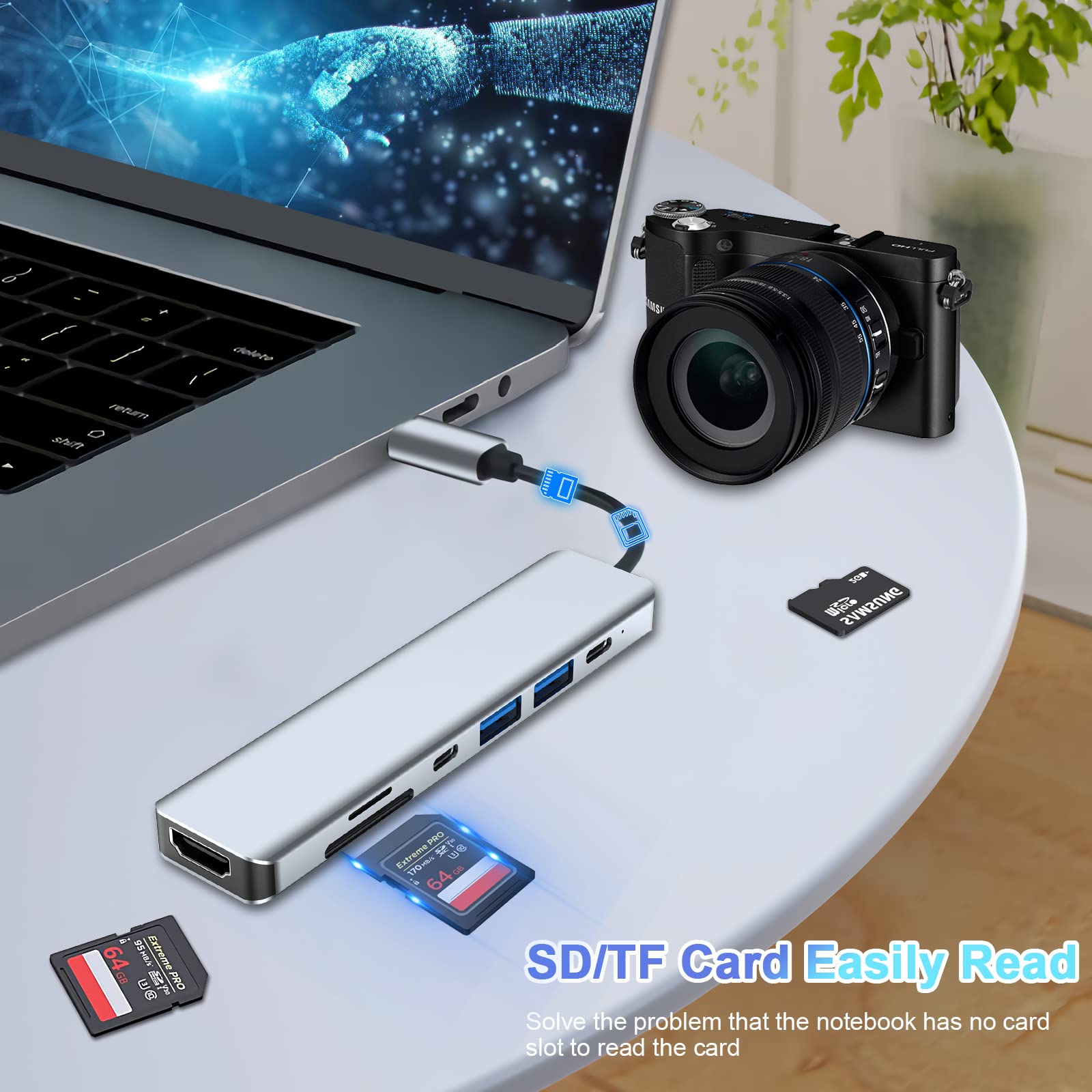 7-in-1 USB C Hub Adapter with 4K HDMI, 2 USB-C Ports, USB 3.0, SD/TF Card Reader - Compatible with MacBook Pro/Air & Type C Devices - 100W Fast Charging - Perfect for Home Office, Travel & Multi-Screen Setup