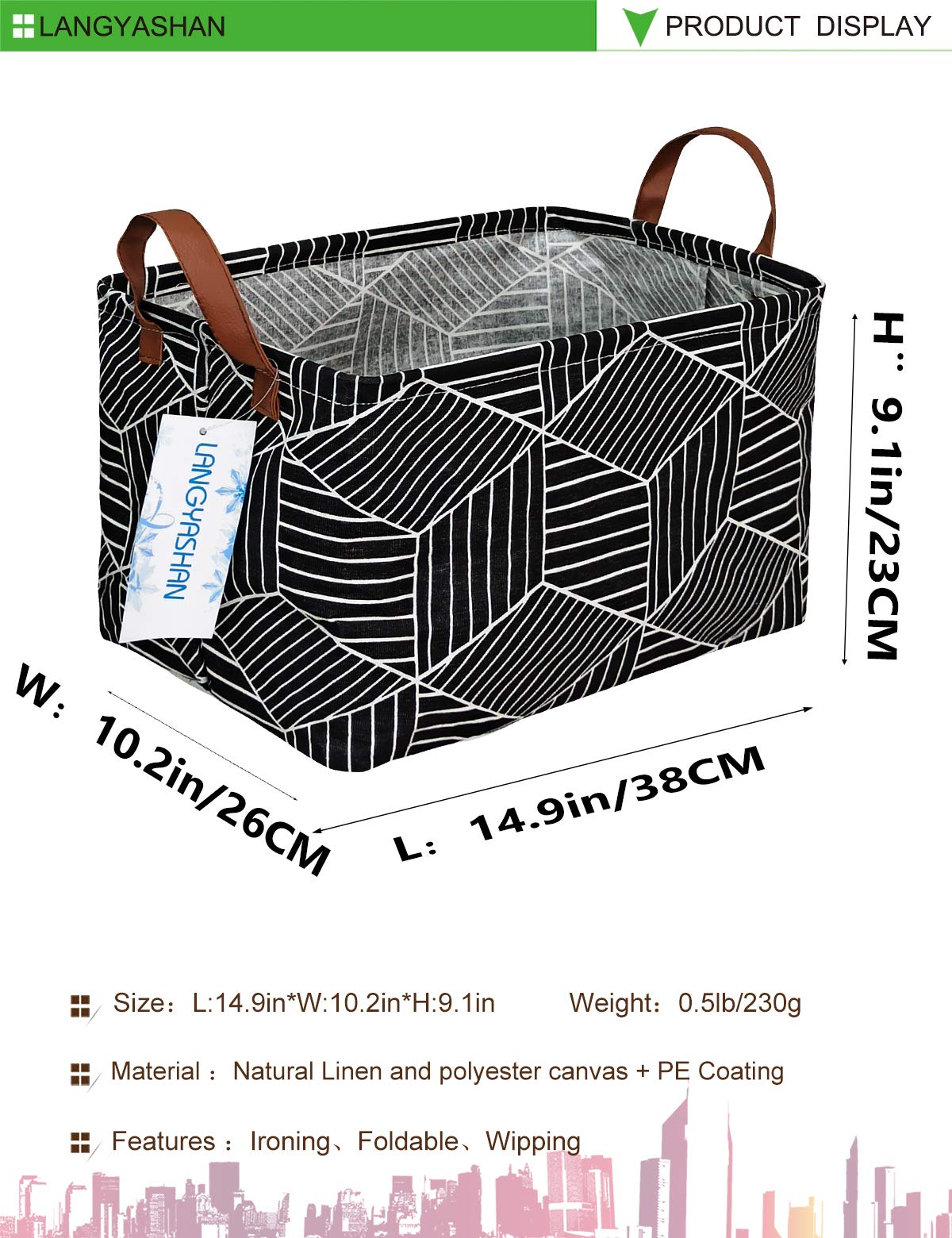 Collapsible Rectangular Storage Bin with Handles - Foldable Canvas Fabric Basket for Home Organization, Kitchen, Kids Toys, Office & Closet - Black Diamond Pattern (Perfect for Nursery, Playroom & Bedroom Storage)