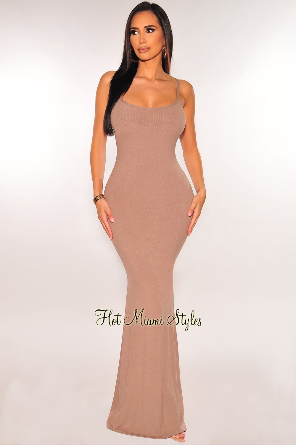 Elegant Taupe Ribbed Spaghetti Strap Mermaid Dress for Women - Perfect for Cocktail Parties, Date Nights & Special Occasions