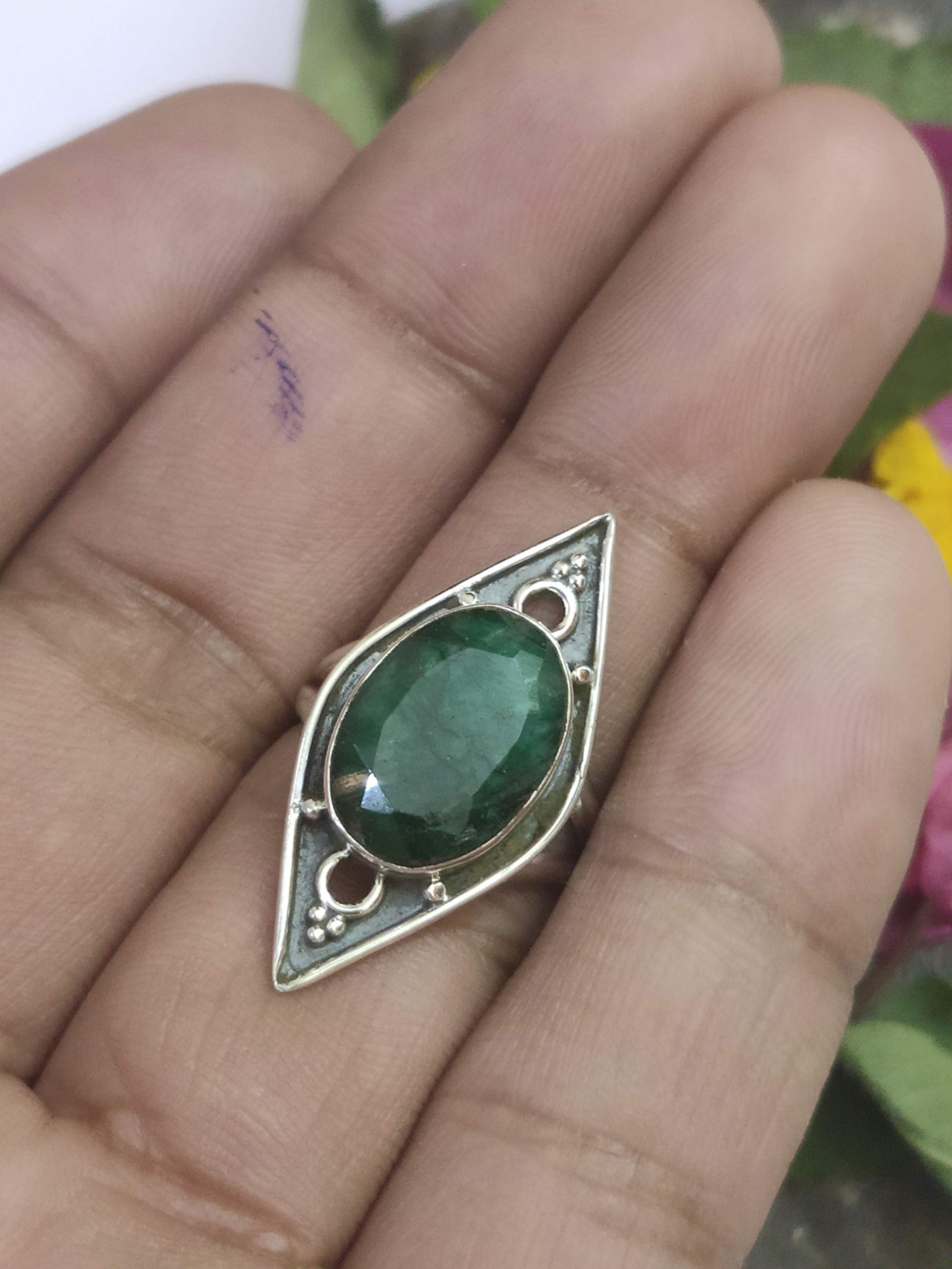 925 Sterling Silver Emerald Ring - Bohemian Jewelry for Women, Statement Ring, Engagement & Promise Ring, Victorian Style, Delicate Antique Jewelry - Perfect for Christmas Gifts, Wedding Gifts & Hippie Fashion