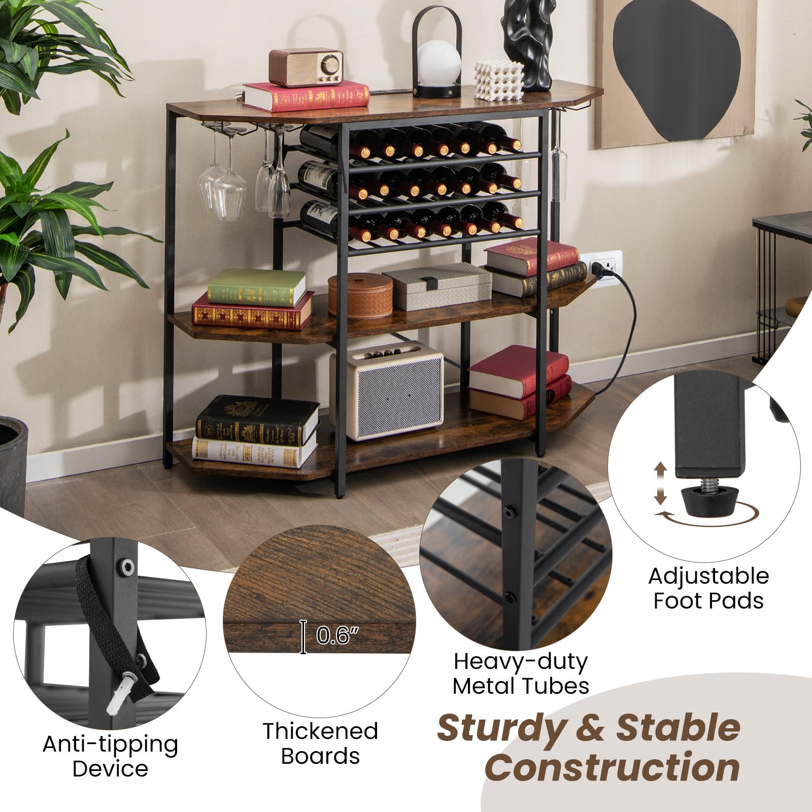 COSTWAY 3-Tier Wine Bar Cabinet with Power Outlets - Rustic Brown Liquor Storage with Wine Bottle Racks & Glass Holders, Freestanding Mini Bar Table for Kitchen, Dining Room, Home Pub or Office - Perfect for Entertaining Guests & Displaying Your Wine Collection