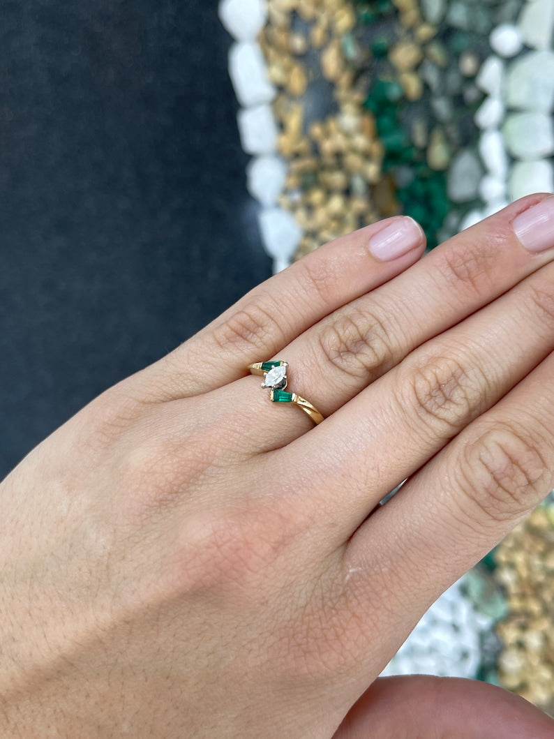 0.55tcw 14K Gold Marquise Cut Diamond & Emerald Synthetic Gemstone 3 Stone Stacking Ring for Women - Elegant Wedding, Anniversary, Party Jewelry Gift