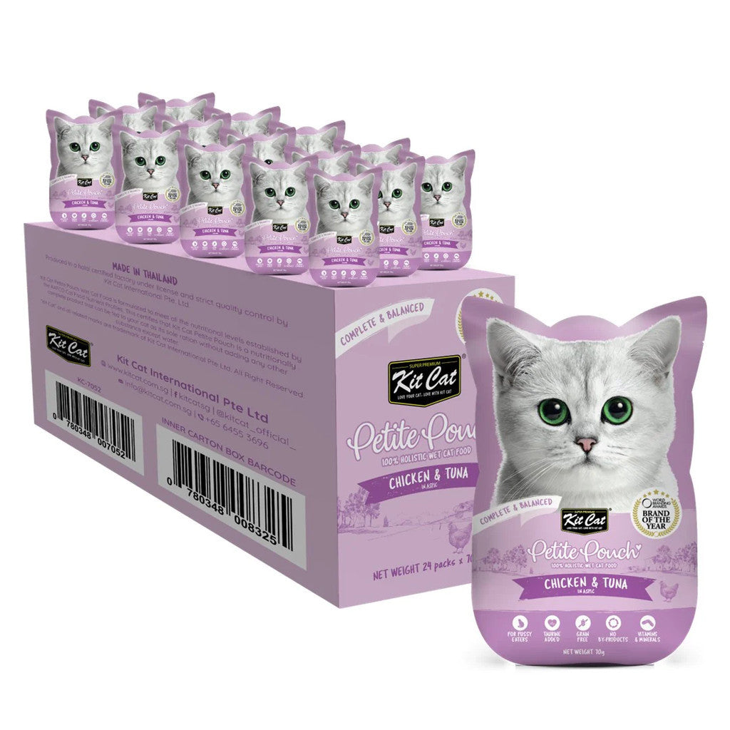 24 Pack Kit Cat Petite Pouch Grain-Free Wet Cat Food - 70g Pouch for Adult & Senior Cats - Perfect for Travel, Treats & Mealtime Variety
