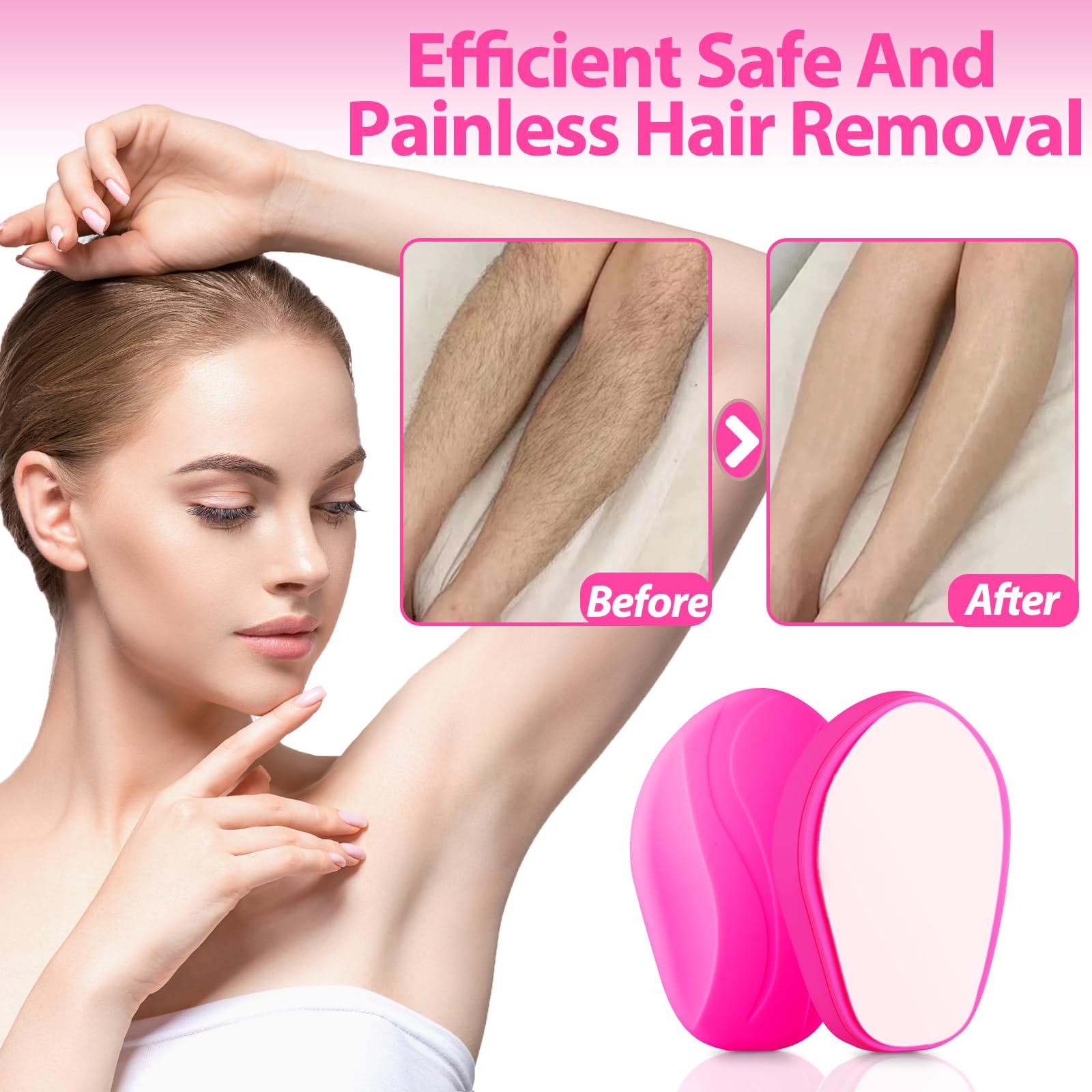 Crystal Hair Eraser for Women & Men - Reusable & Painless Hair Removal Tool for Back, Arms, Legs - Exfoliating Skin Care Device (Rose) - Perfect for Smooth Skin at Home, Travel & Spa