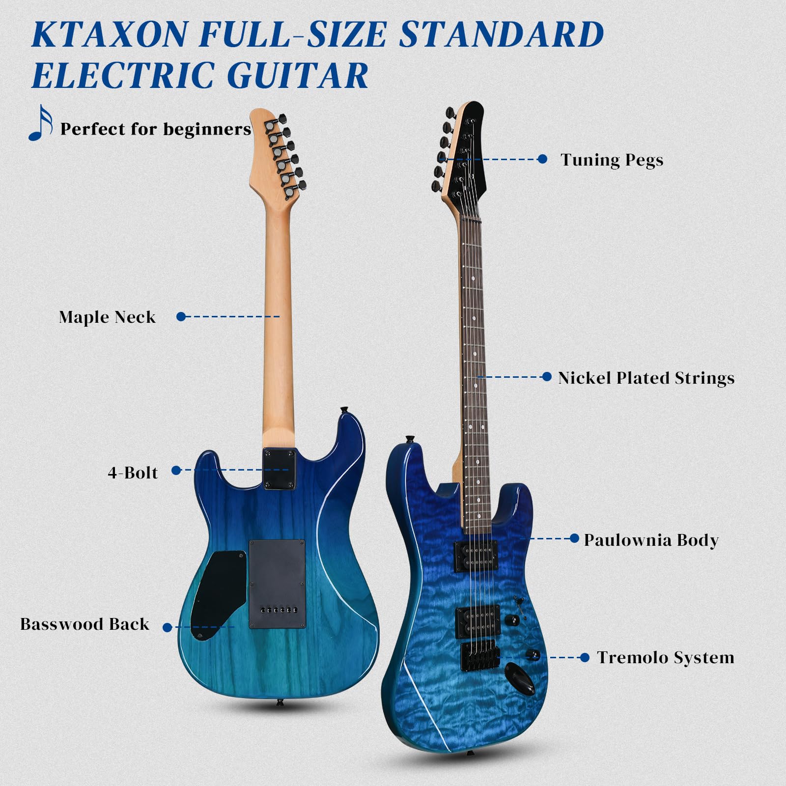 Ktaxon 39 Inch Full Size Electric Guitar with H-H Pickups - 6 String Solid Body Beginner Guitar Kit Includes Upgrade Cable, Capo, Tremolo Arm, Gig Bag & Strap (Ocean Blue) - Perfect for Beginners, Practice, Live Performances & Home Recording