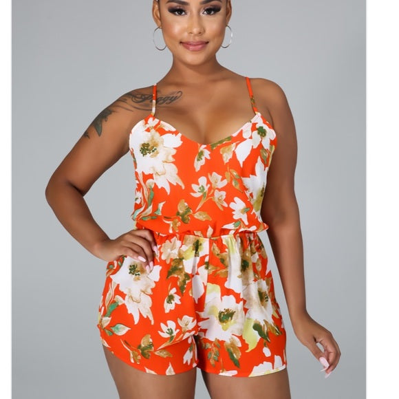 Stylish Orange Floral Romper Jumpsuit for Women - Summer Casual Outfit, Beach Vacation, Party Wear