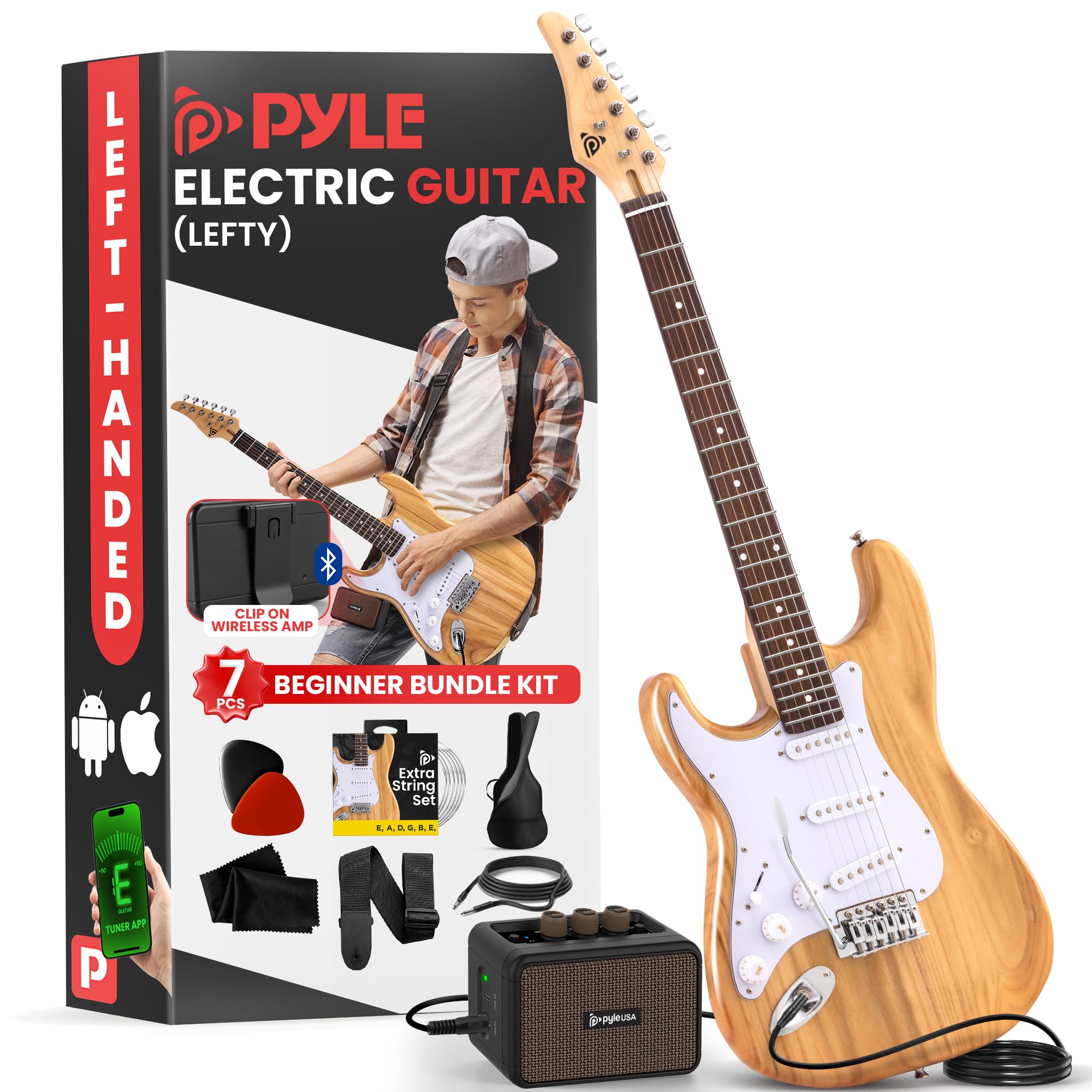 Pyle Full Size Left Handed Electric Guitar Kit with 5W Amp, Gig Bag & Accessories - ST-Style Beginner Guitar Bundle with 22 Frets, Paulownia Wood Body (Natural Finish) - Perfect for Home Practice, Music Lessons & Live Performances