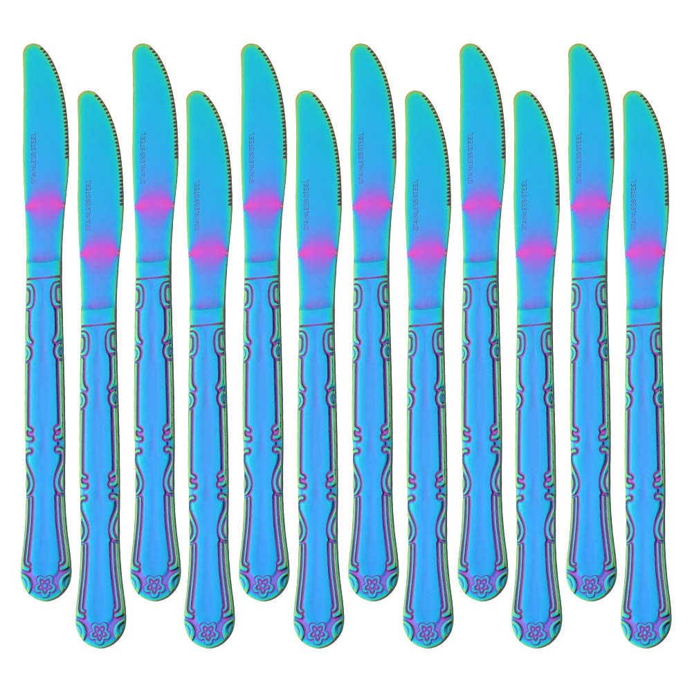 12-Piece Rainbow Stainless Steel Dinner Knives Set - Colorful Titanium Plated Silverware with Flower Edge, 8.6 Inch Multi-Color Flatware for Parties, Weddings & Elegant Dining