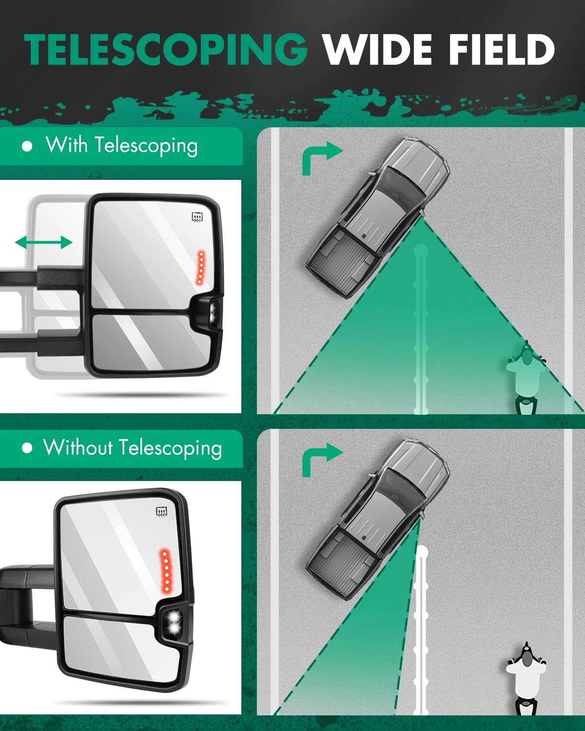 SCITOO Black Power-Adjusted Heated Towing Mirrors with LED Turn Signal & Puddle Light - Compatible with 2003-2006 Chevy Silverado & GMC Sierra Pickup Trucks (Pair LH RH) - Perfect for Enhanced Visibility & Safety During Towing & Night Driving