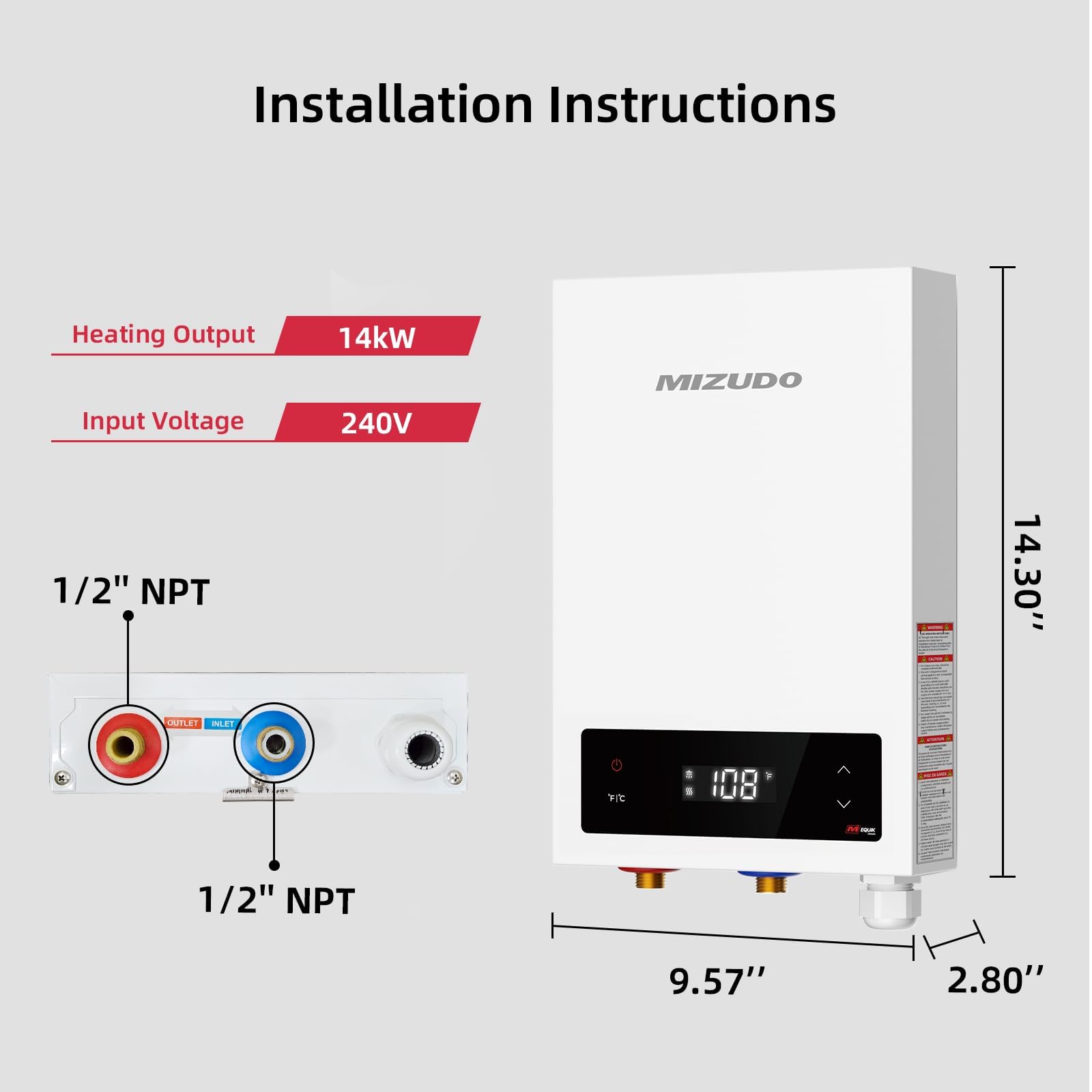 MIZUDO 14kW Electric Tankless Water Heater - 3.4 GPM Instant Hot Water for 2-3 Appliances, LED Digital Display, ETL Certified | Perfect for Homes, Apartments & Small Offices