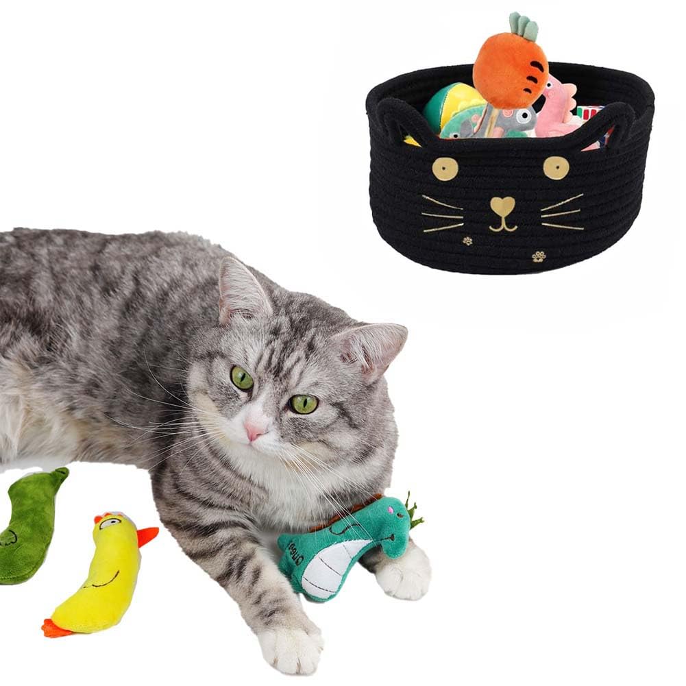 Kamuavni Woven Rope Storage Basket - Stylish Cat Toy Organizer, Nursery Baby Basket, Baby Shower Gift Basket - 8.3 x 4.7 Inches, Black - Perfect for Living Room Decor, Pet Toy Storage & Nursery Organization