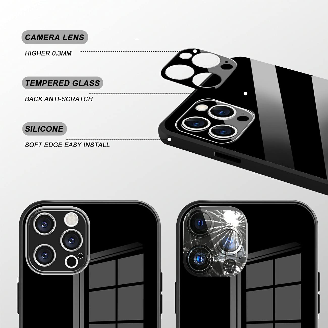 SmoBea iPhone 12 Pro Max Case 6.7 inch - [Upgraded Tempered Glass Back] Shockproof Slim Thin Protective Cover with Soft Silicone Bumper - Black | Perfect for Everyday Use, Work & Outdoor Activities