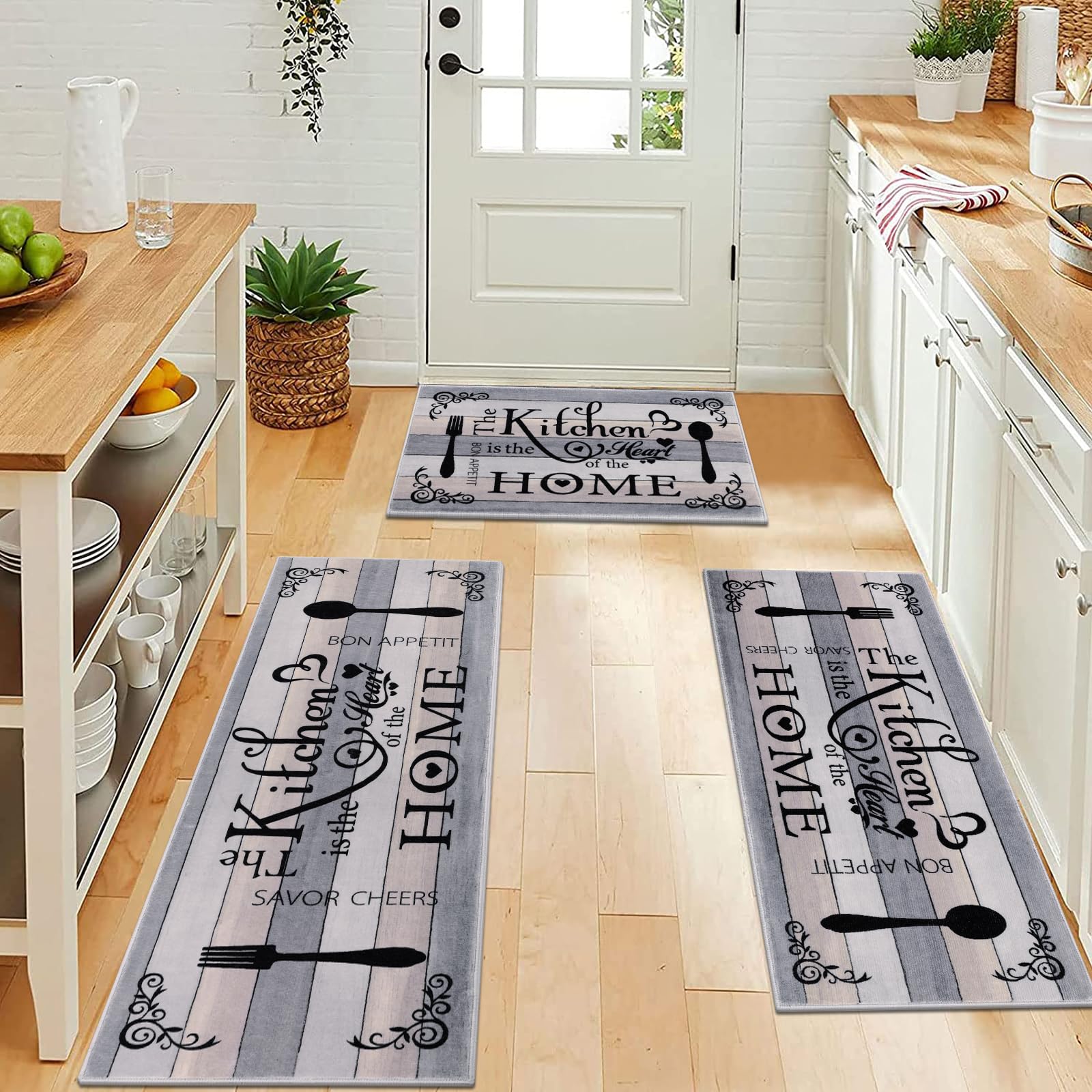 Vaukki Boho Kitchen Rug Set - Washable Non-Slip Floor Mats for Kitchen, Laundry & Hallway (Grey/Beige) - Perfect for Boho Home Decor
